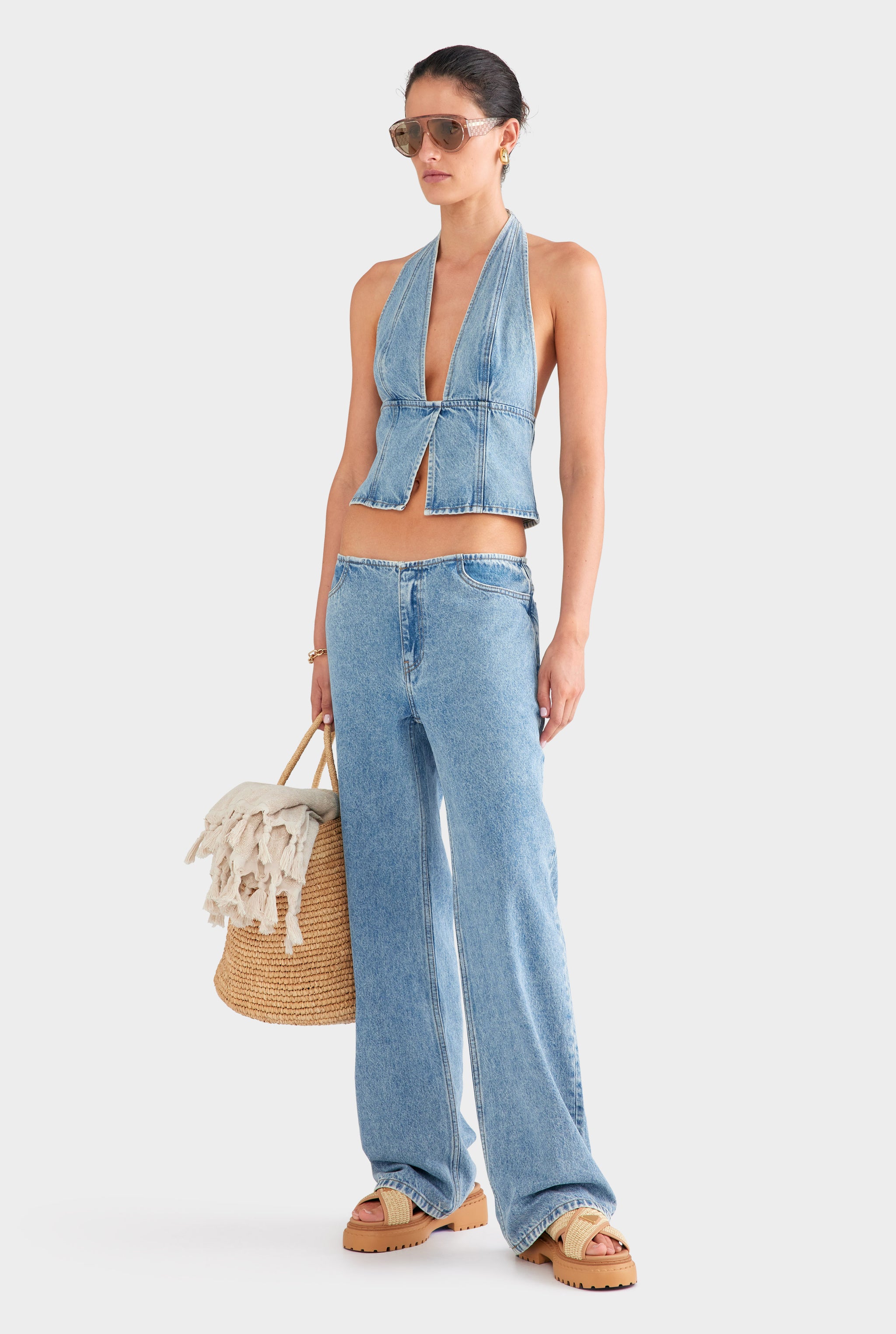 Panelled Denim Halter Top - Light Blue