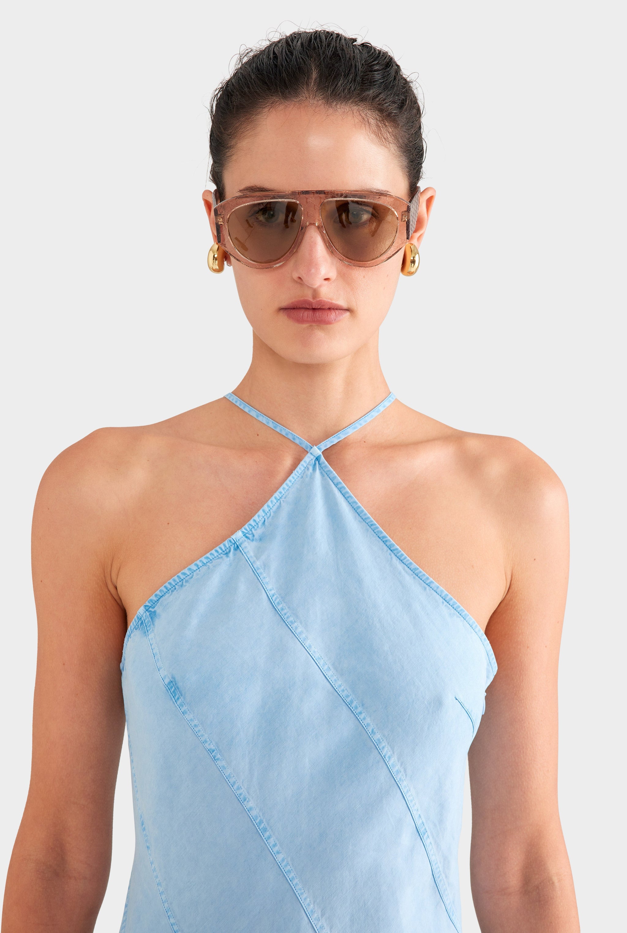 Panelled Tencel Halter Mini Dress - Washed Blue