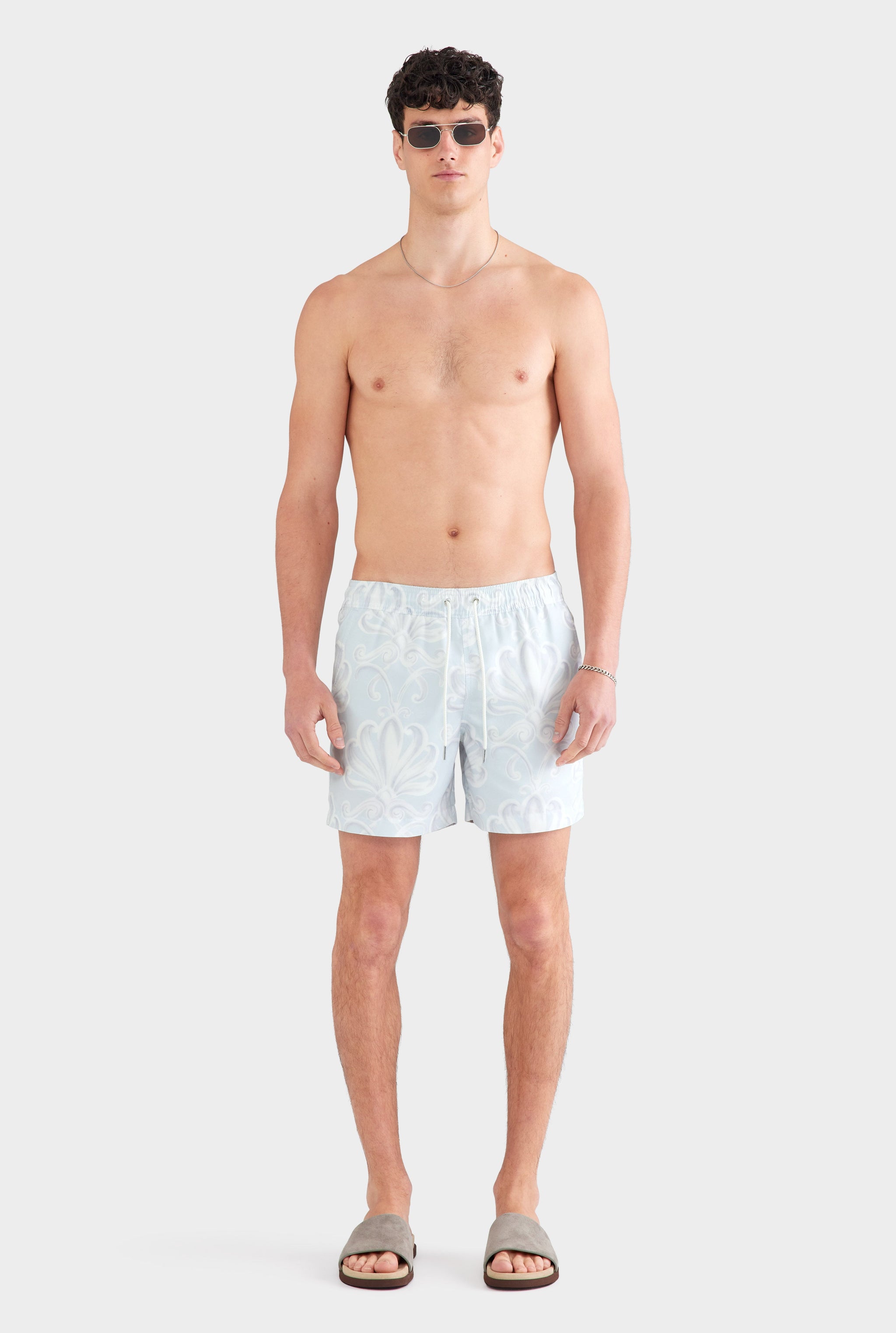 Printed Swim Short - Grey Blue Palmette Floral