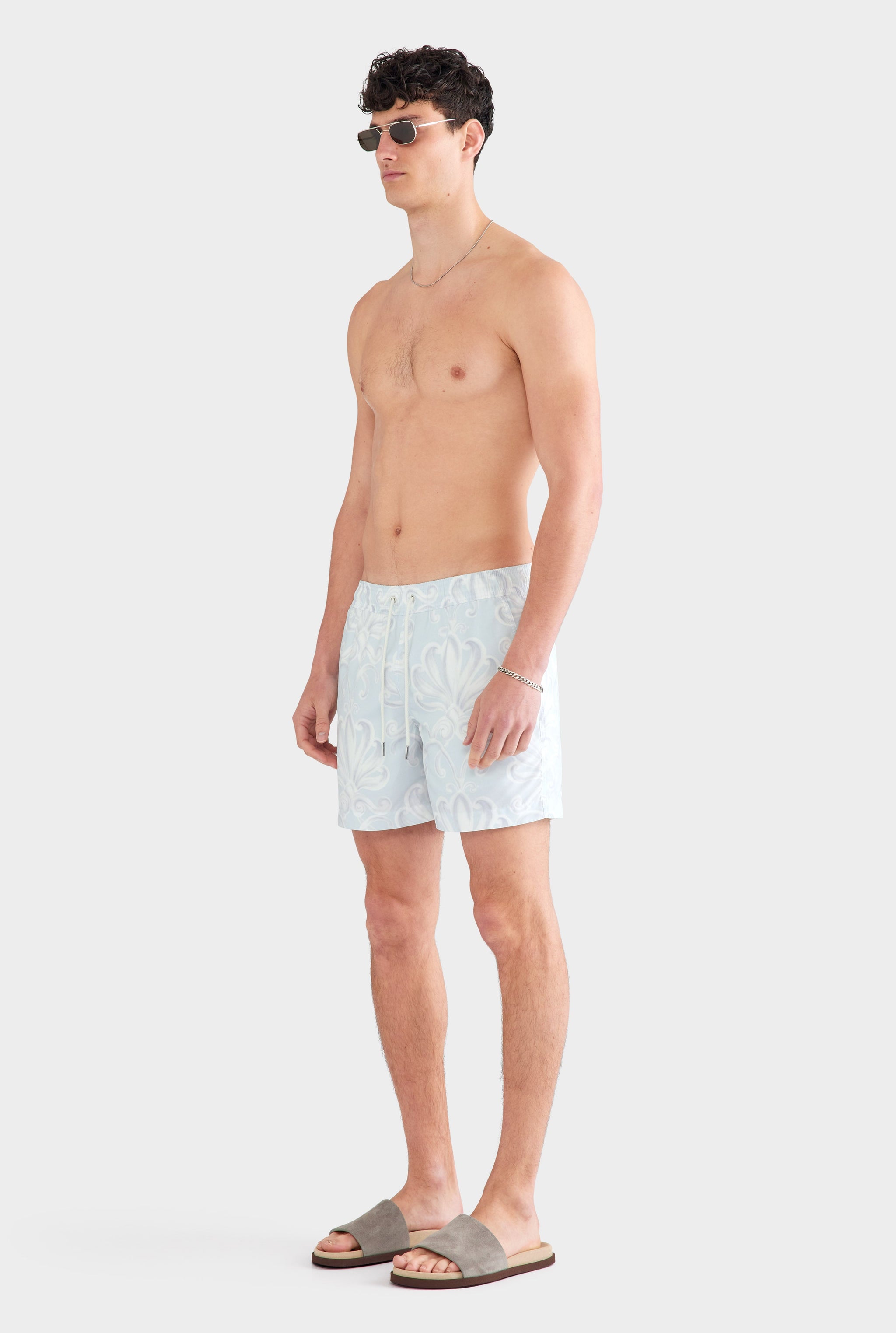 Printed Swim Short - Grey Blue Palmette Floral