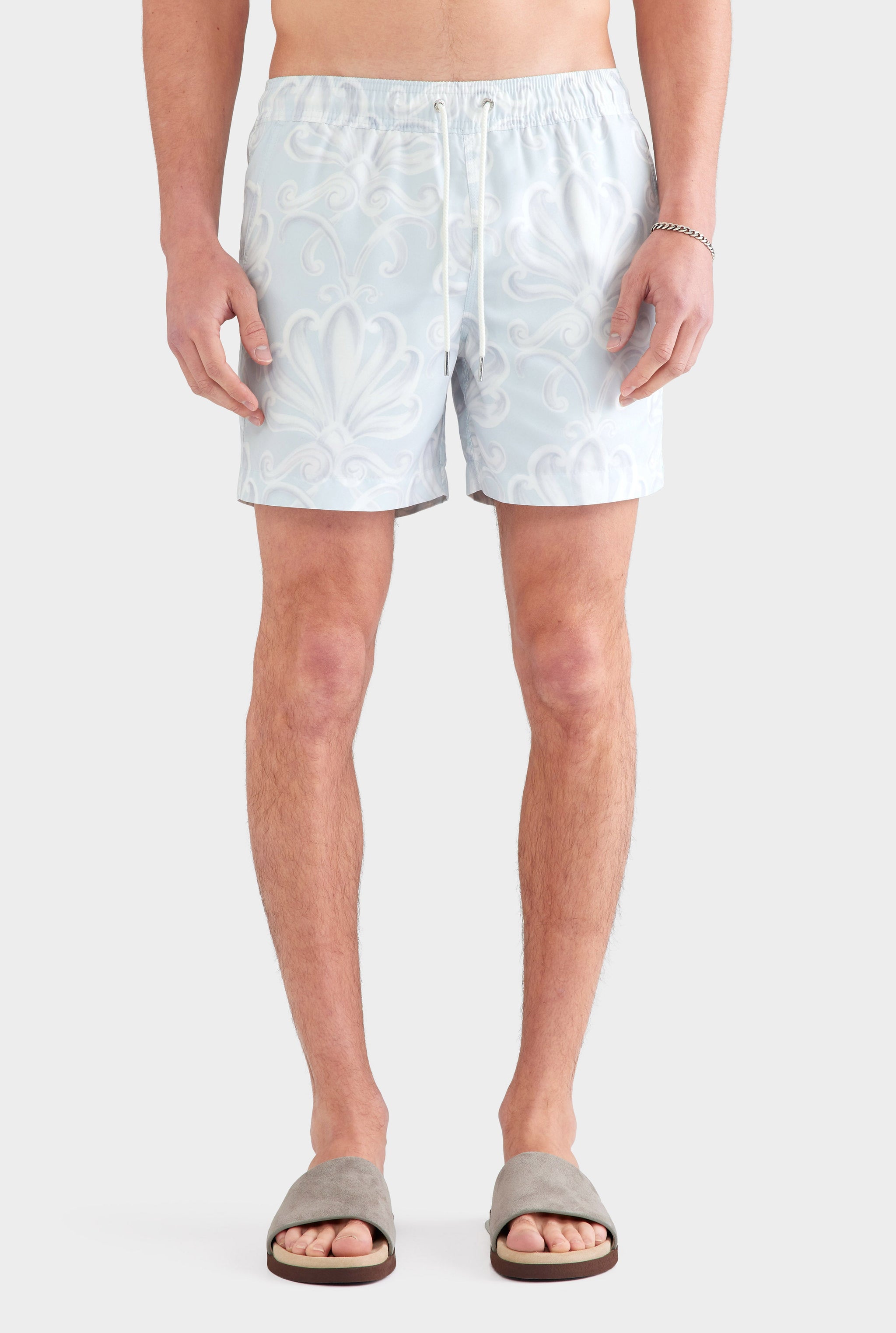 Printed Swim Short - Grey Blue Palmette Floral