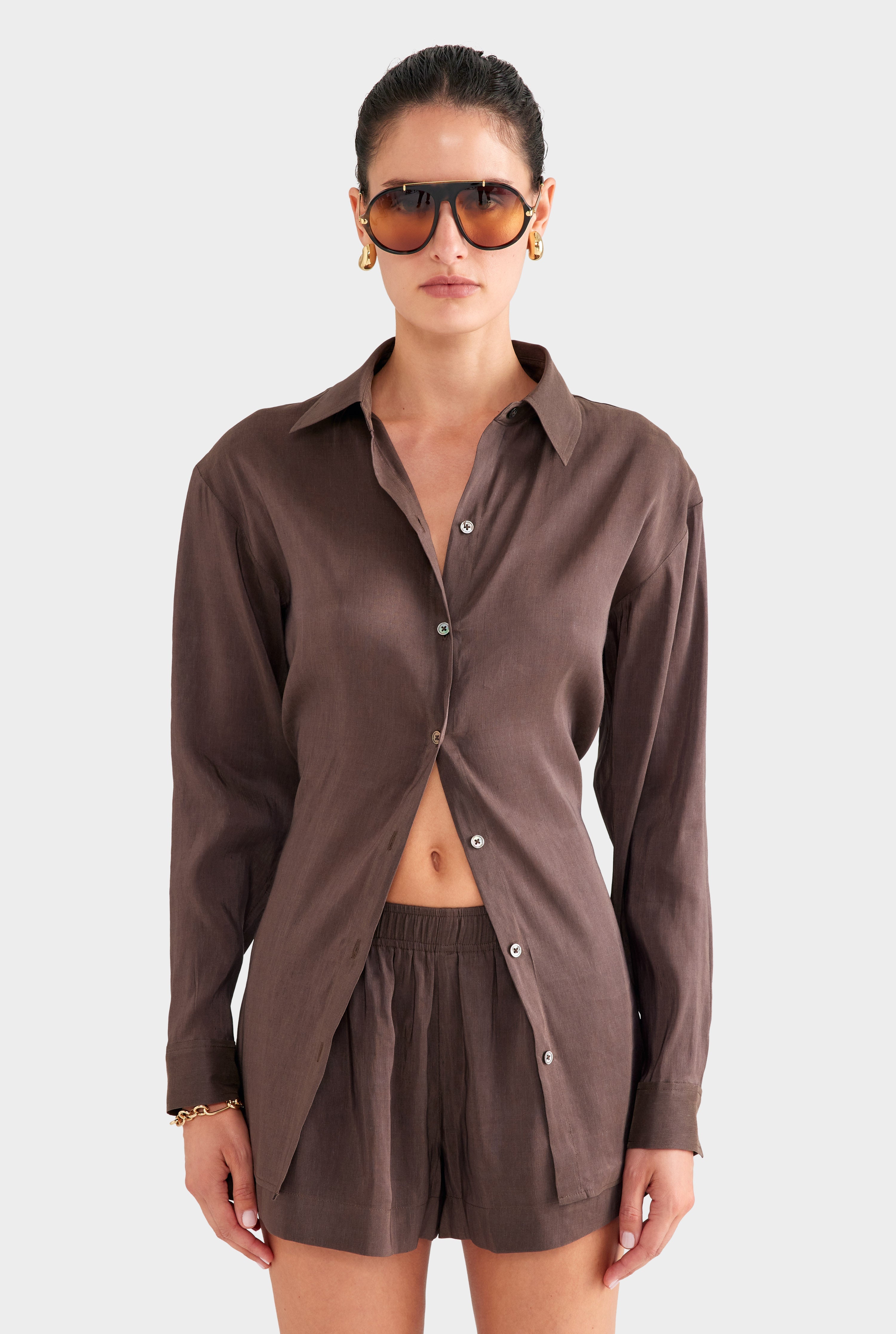 Relaxed Silk Linen Shirt - Chocolate Brown