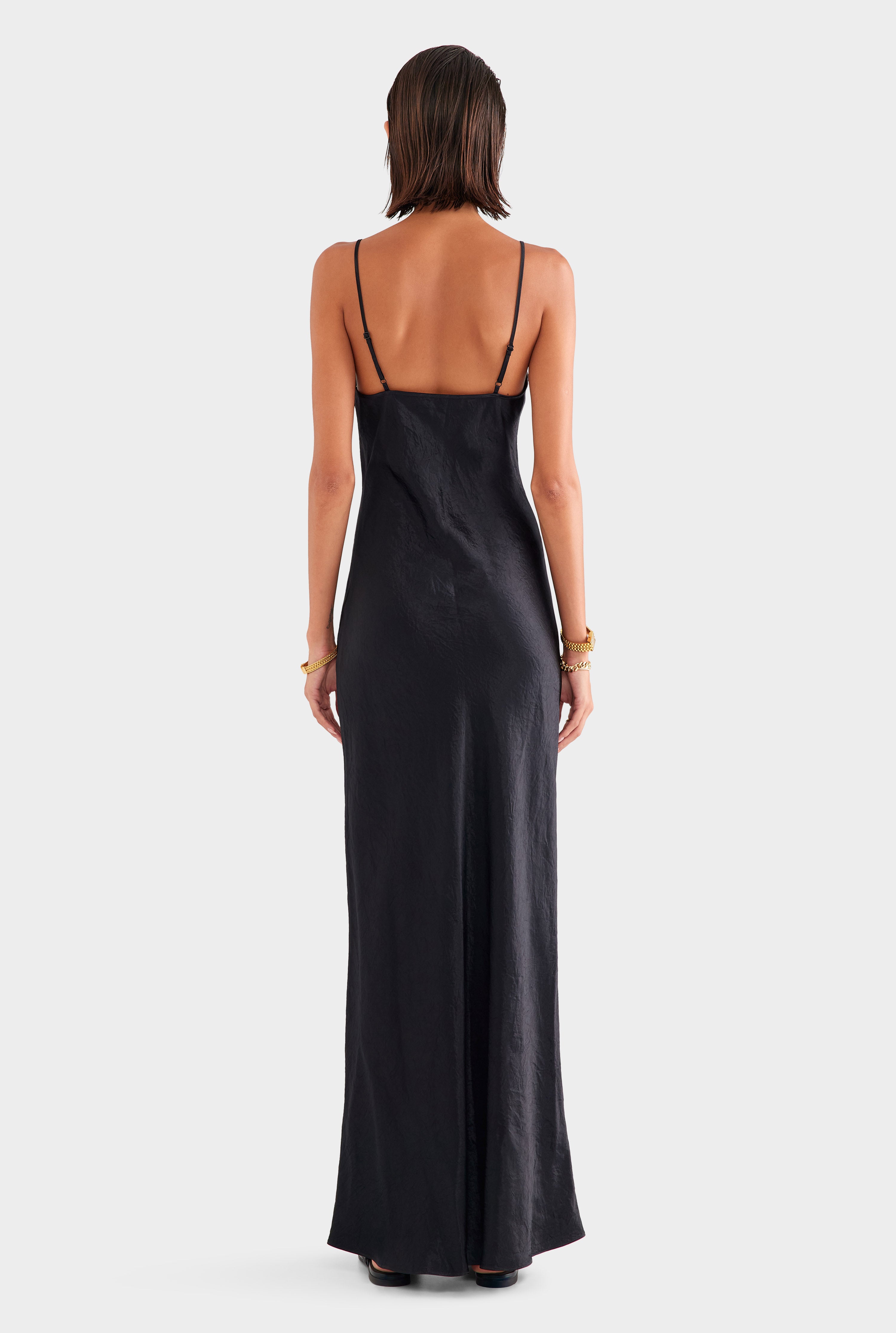 Crushed Satin Slip Dress - Black