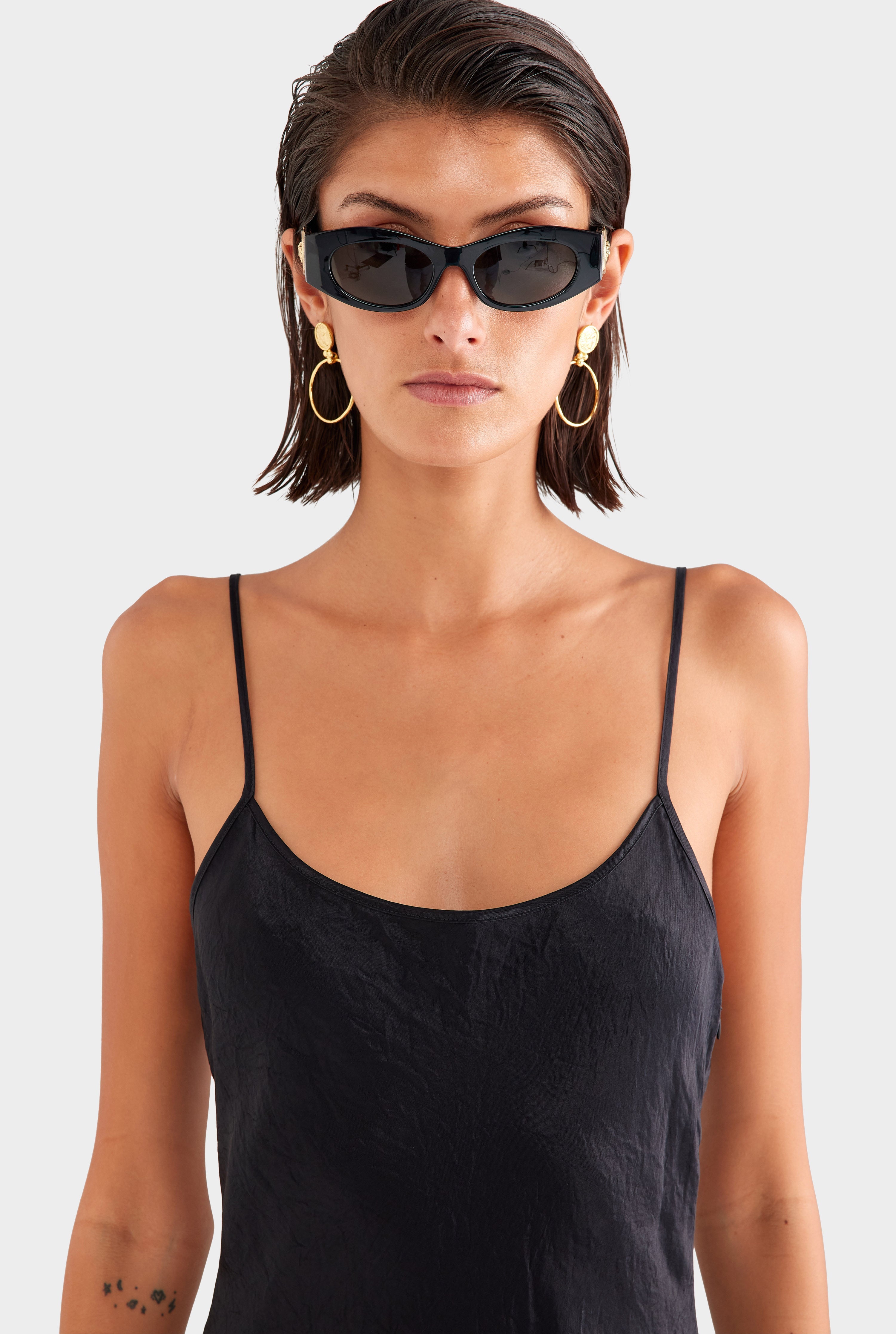 Crushed Satin Slip Dress - Black