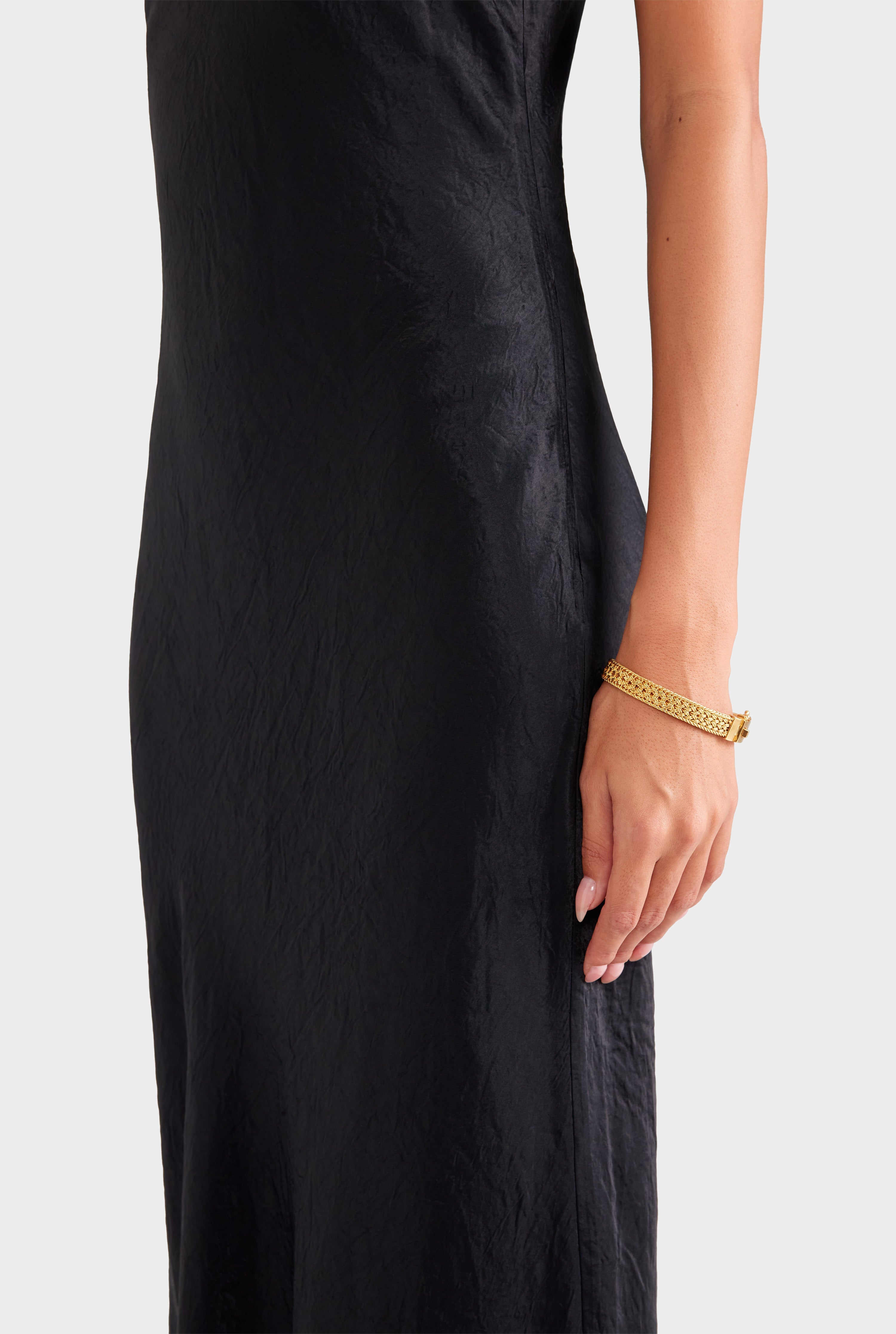 Crushed Satin Slip Dress - Black
