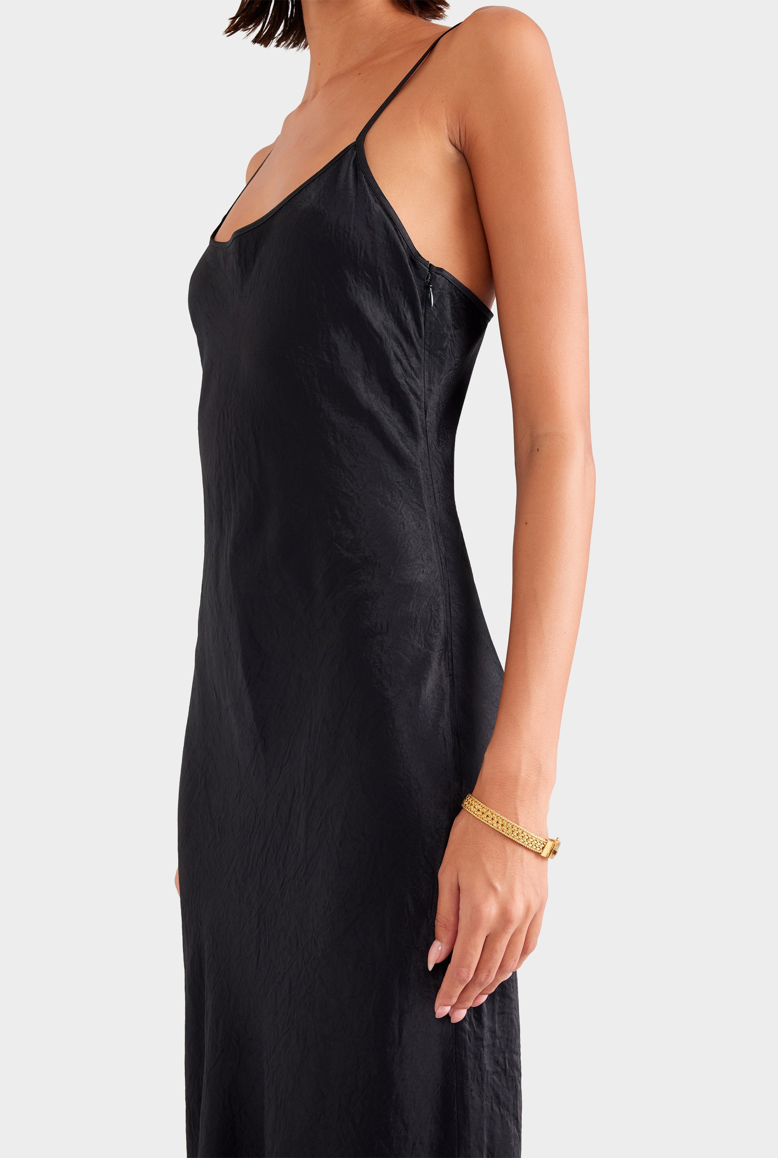 Crushed Satin Slip Dress - Black
