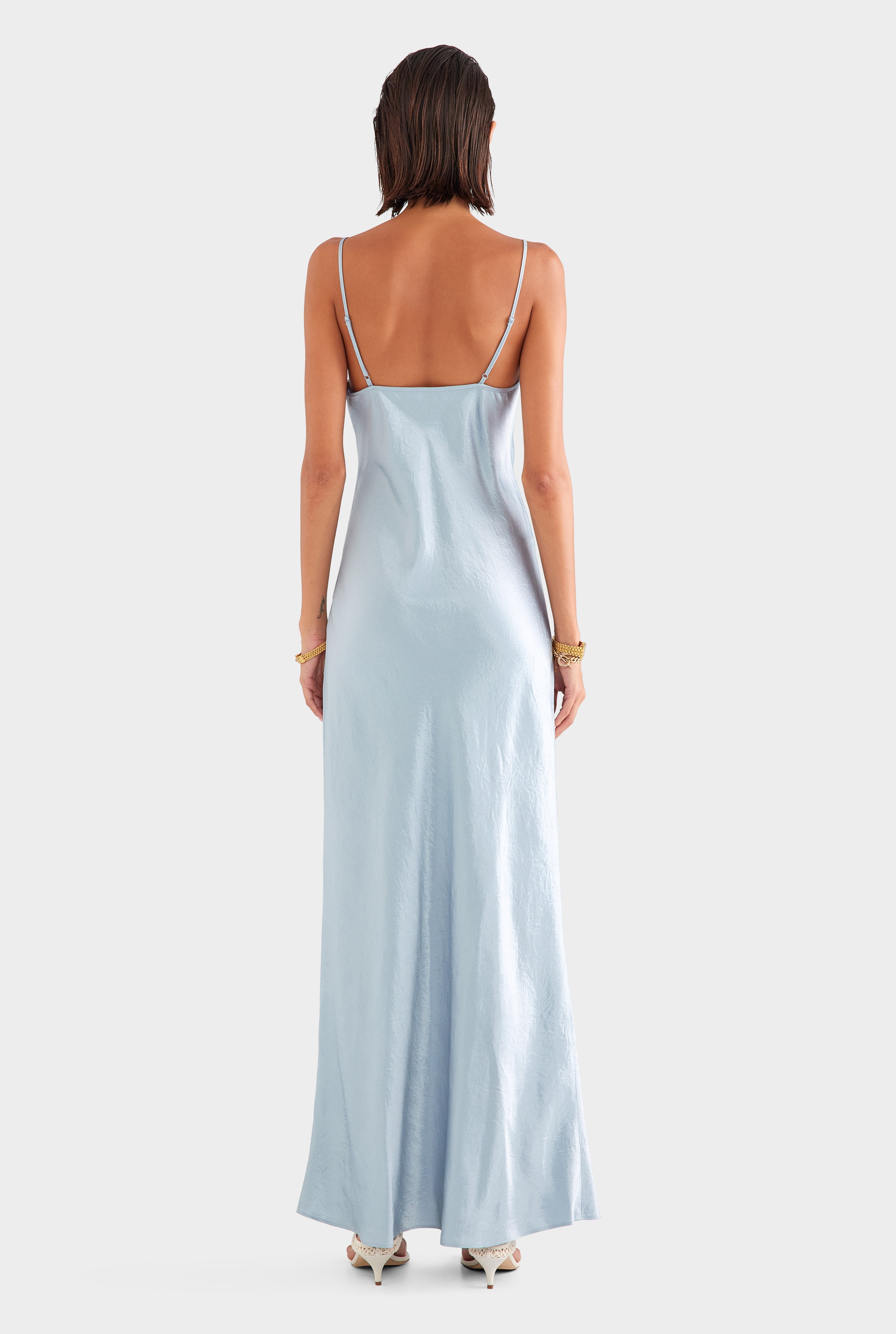 Crushed Satin Slip Dress - Silver Blue