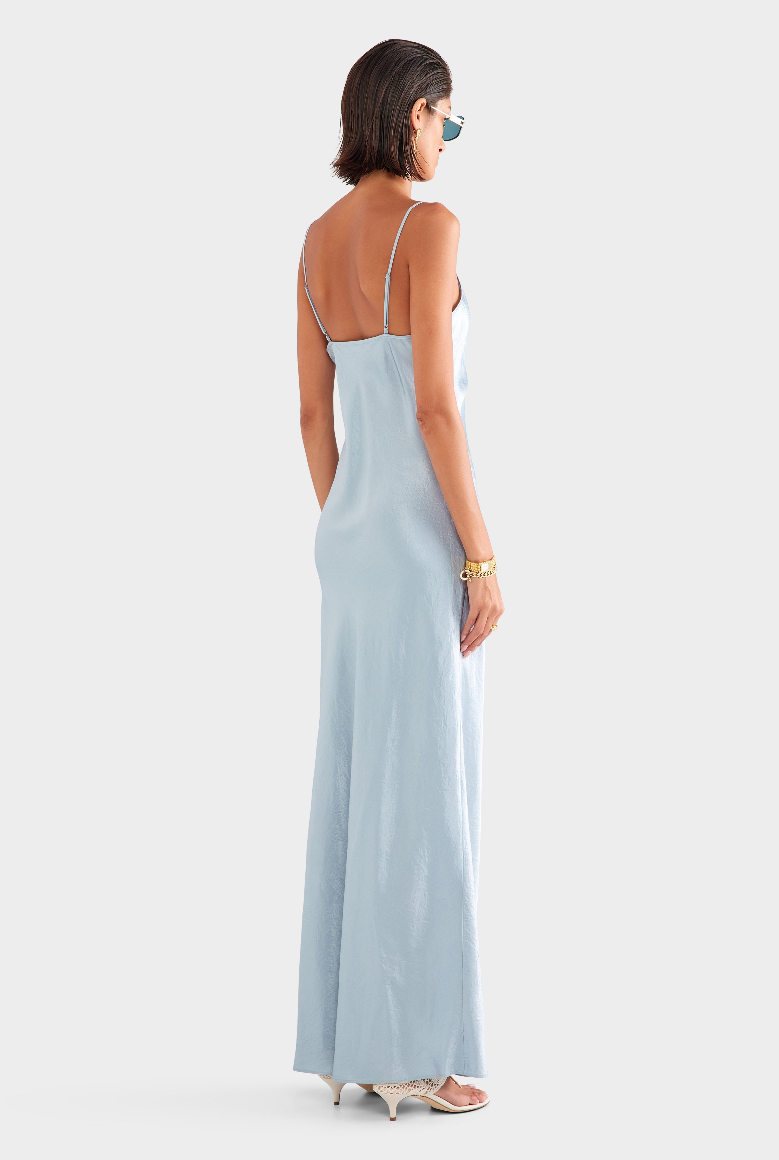 Crushed Satin Slip Dress - Silver Blue