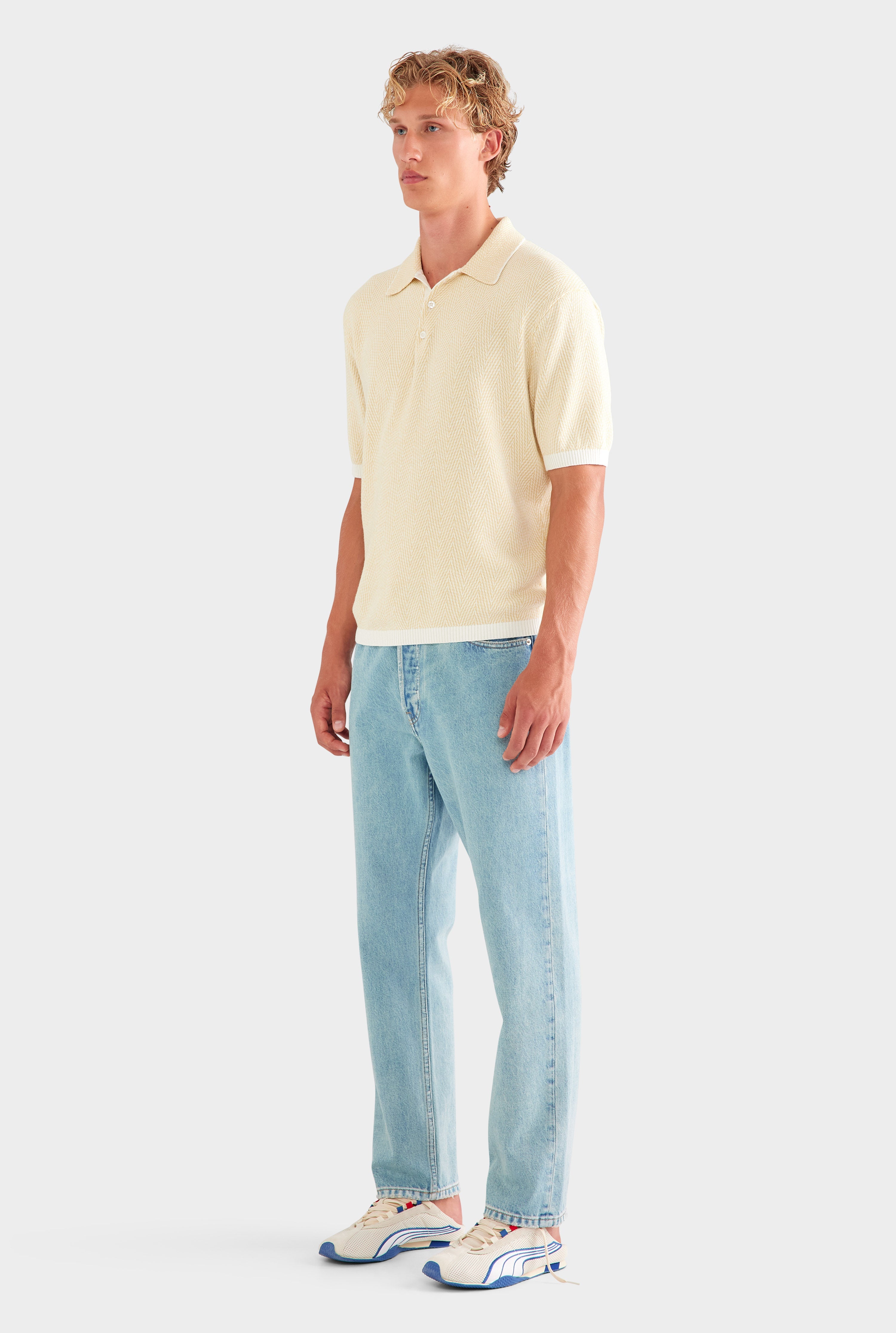 Chevron Knit Polo - Cream/Beige