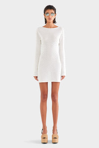 Cotton Boat Neck Mini Dress - Off White