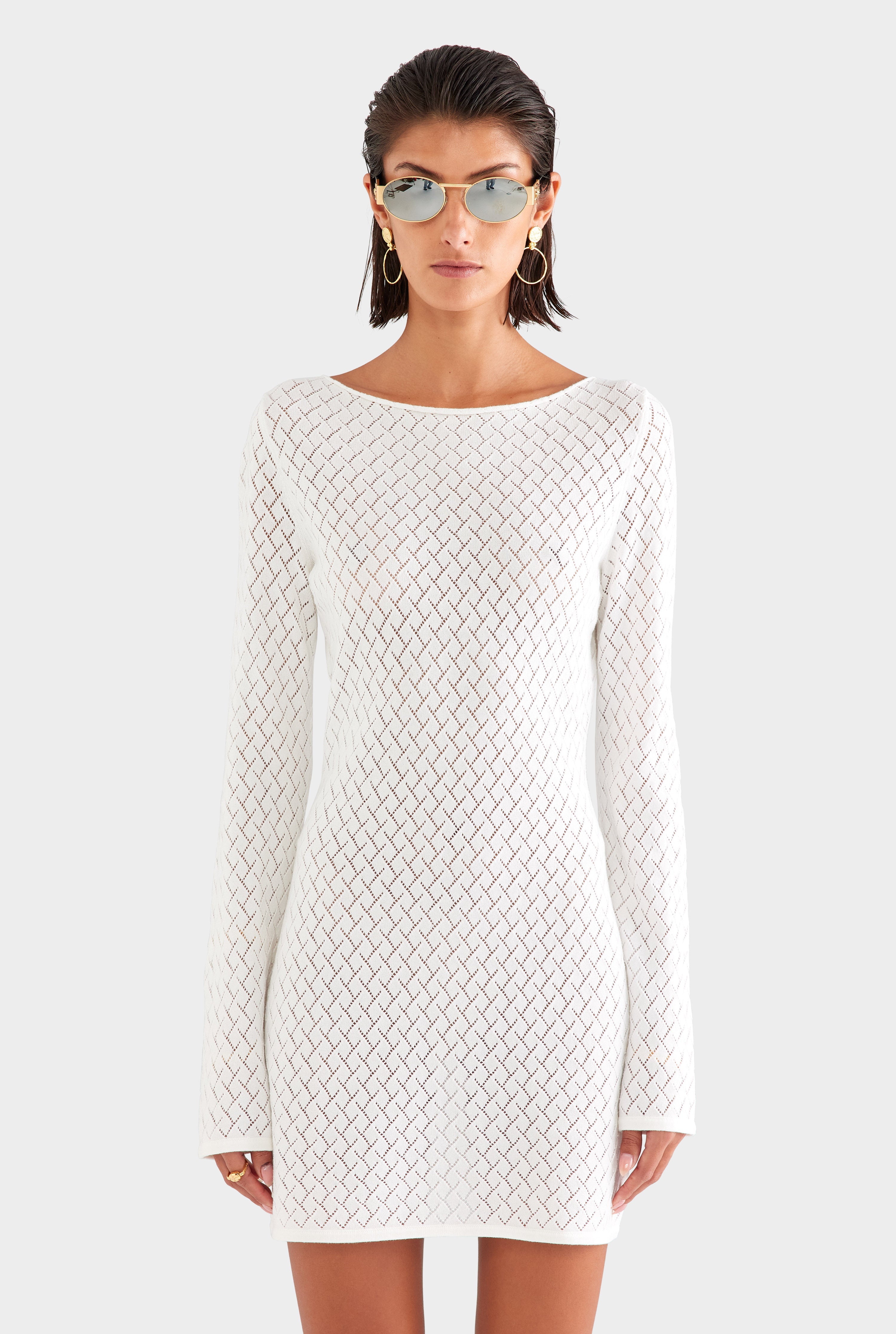 Cotton Boat Neck Mini Dress - Off White