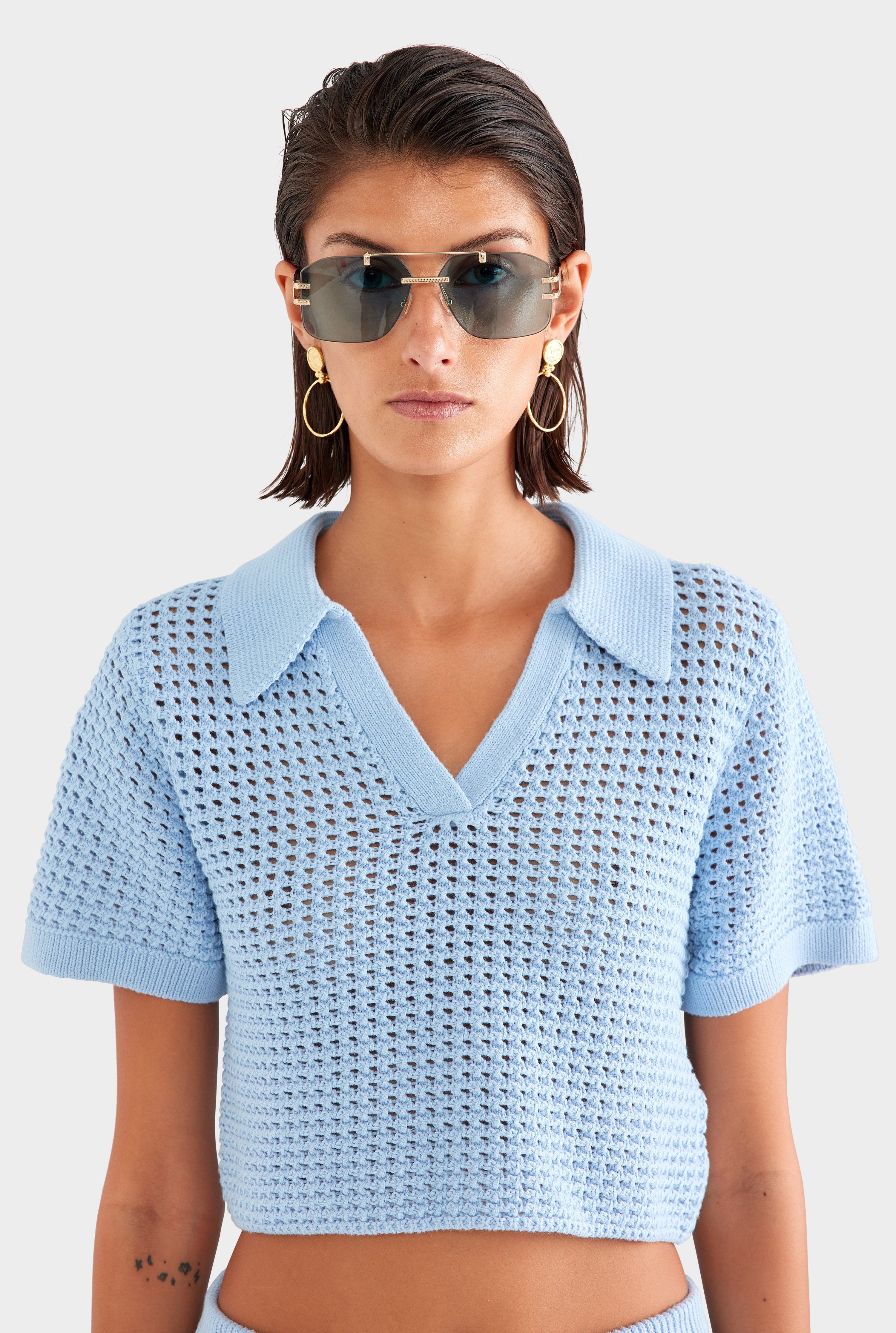 Crochet Cropped Polo - Powder Blue