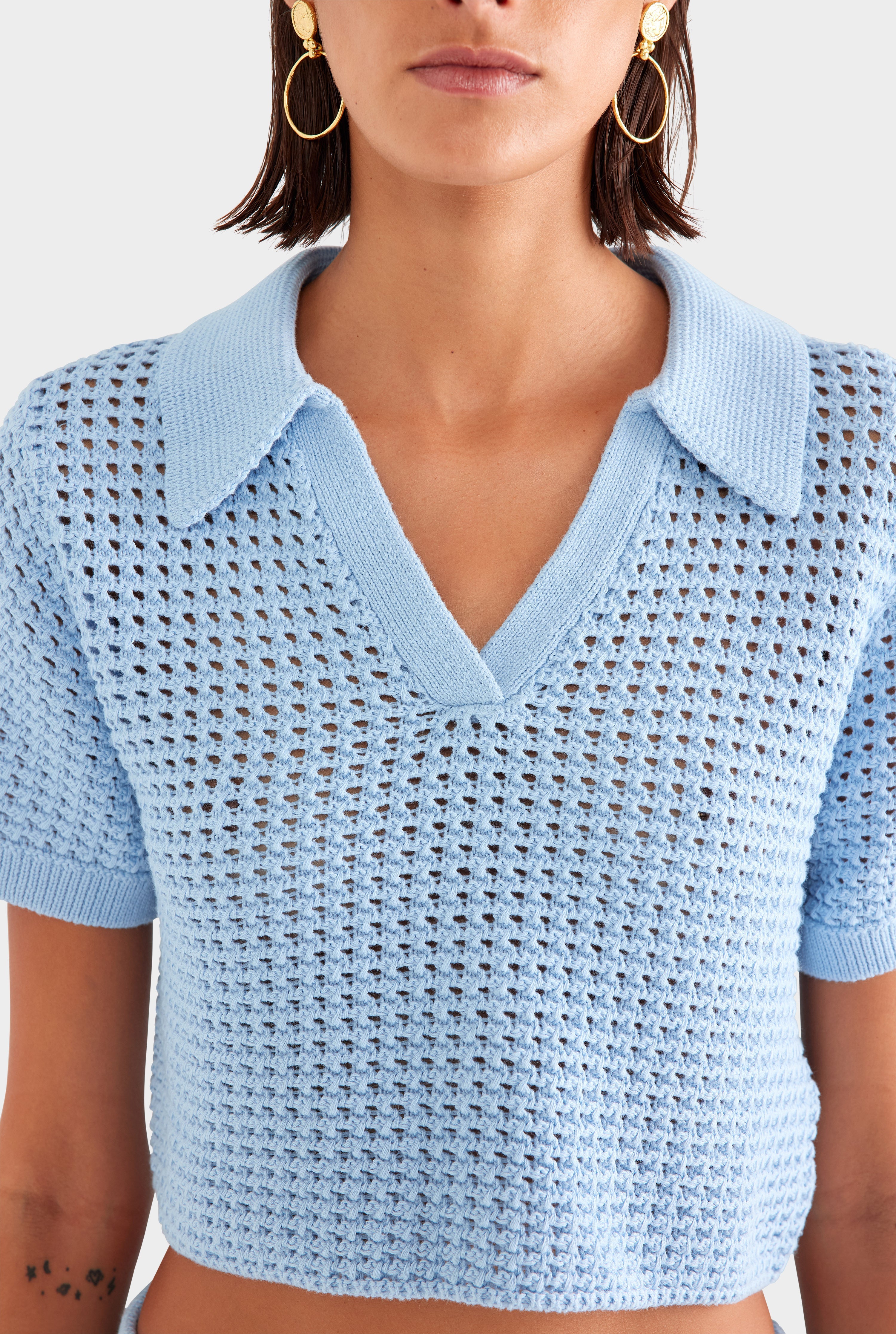 Crochet Cropped Polo - Powder Blue