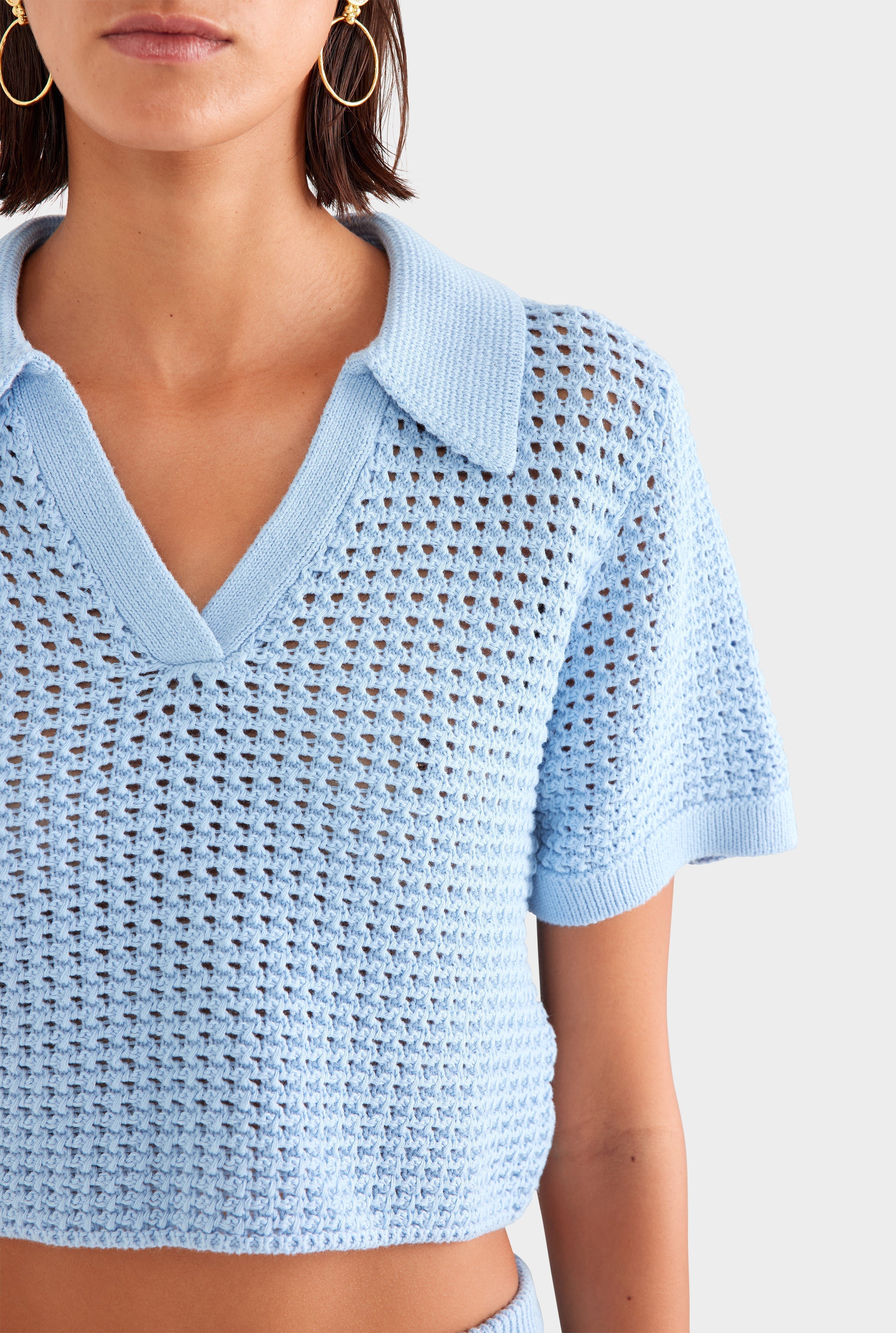 Crochet Cropped Polo - Powder Blue