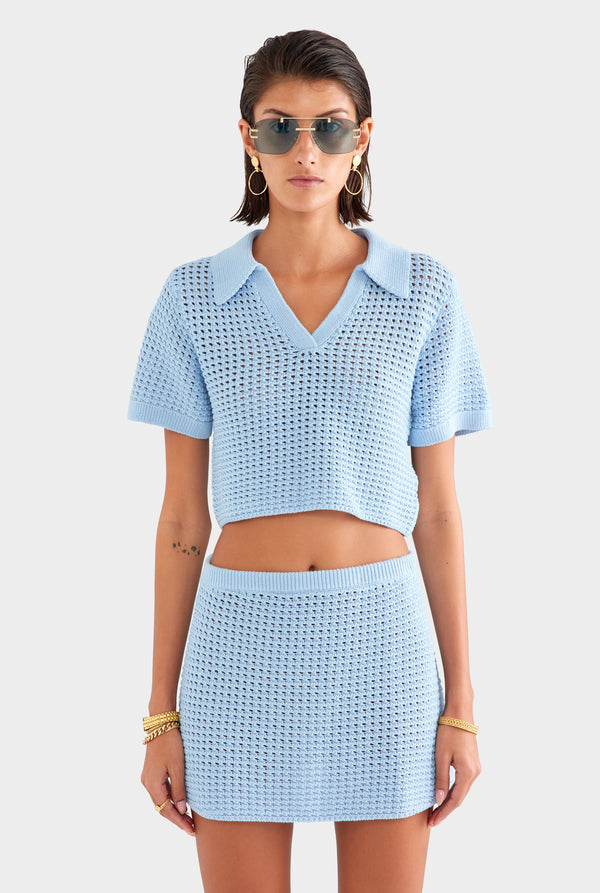 Crochet Cropped Polo - Powder Blue