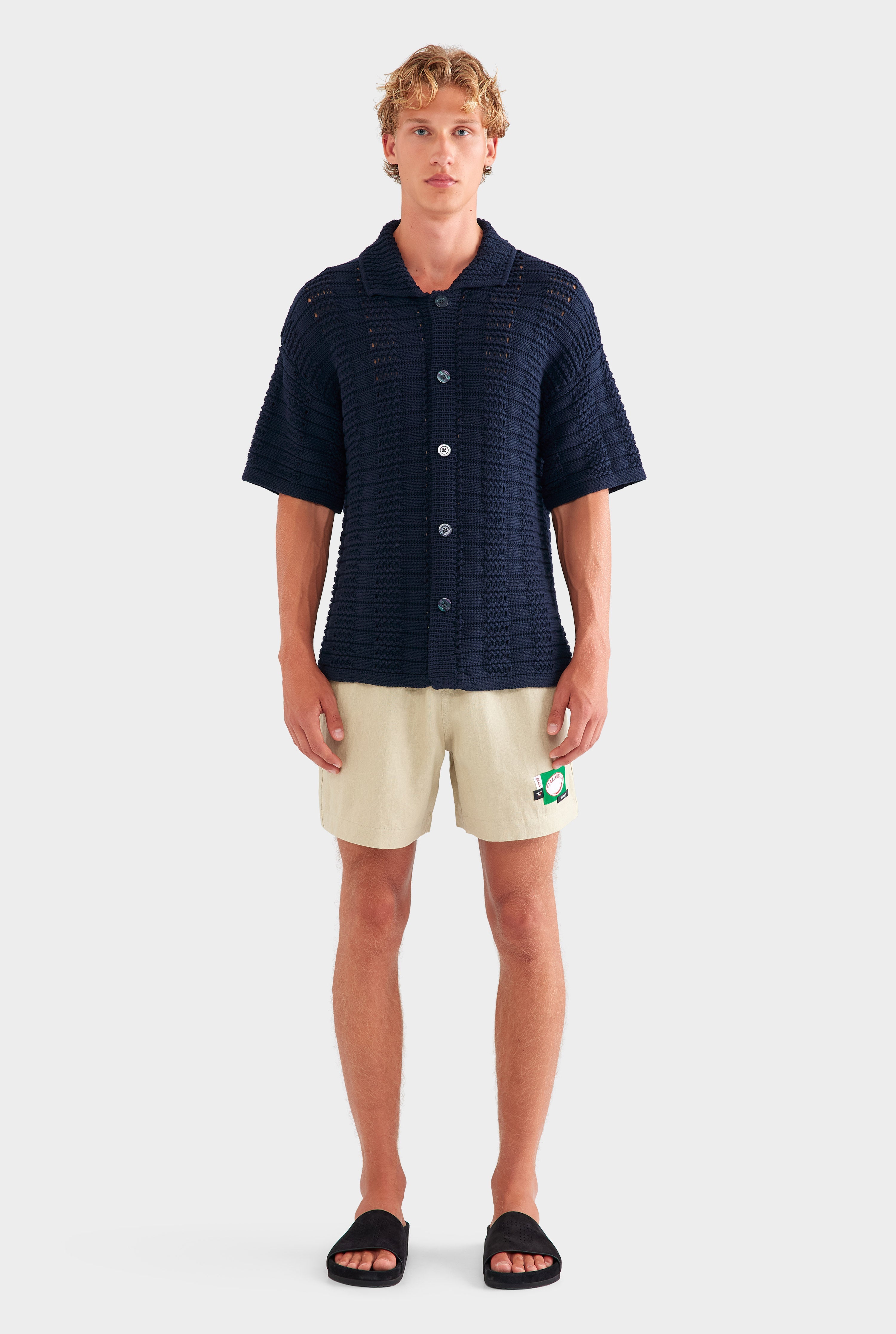 Chunky Crochet Knit Shirt - Navy