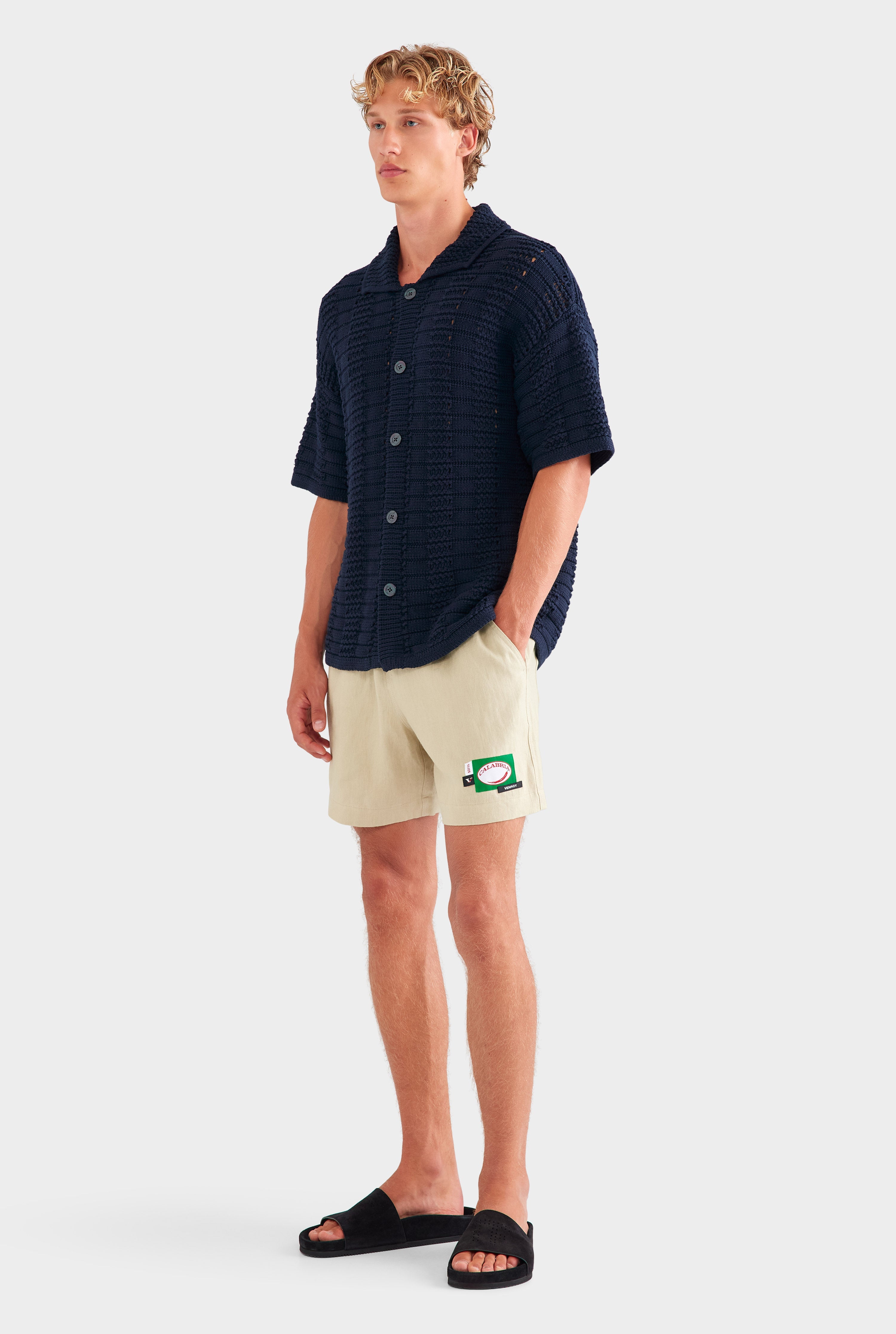 Chunky Crochet Knit Shirt - Navy