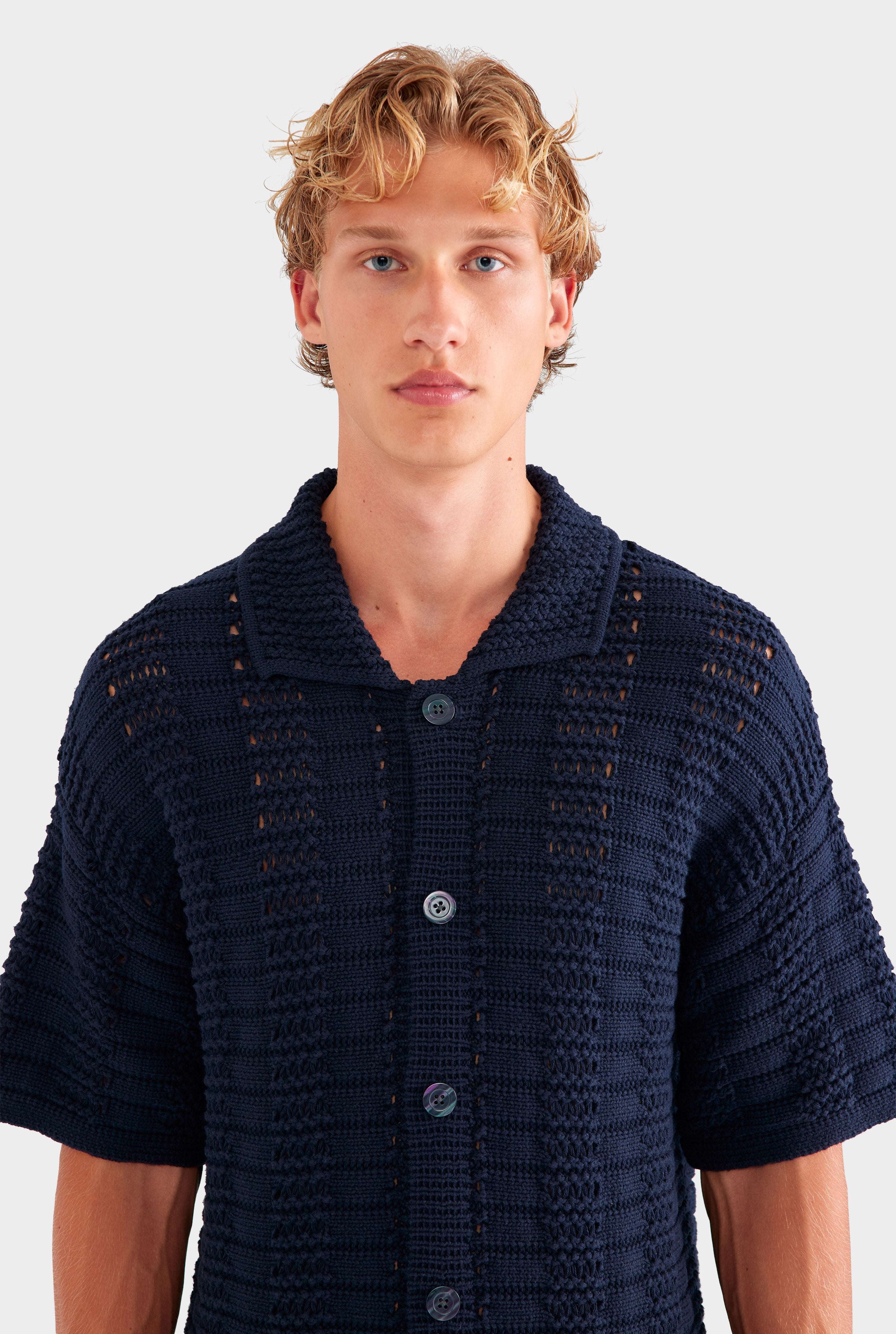 Chunky Crochet Knit Shirt - Navy