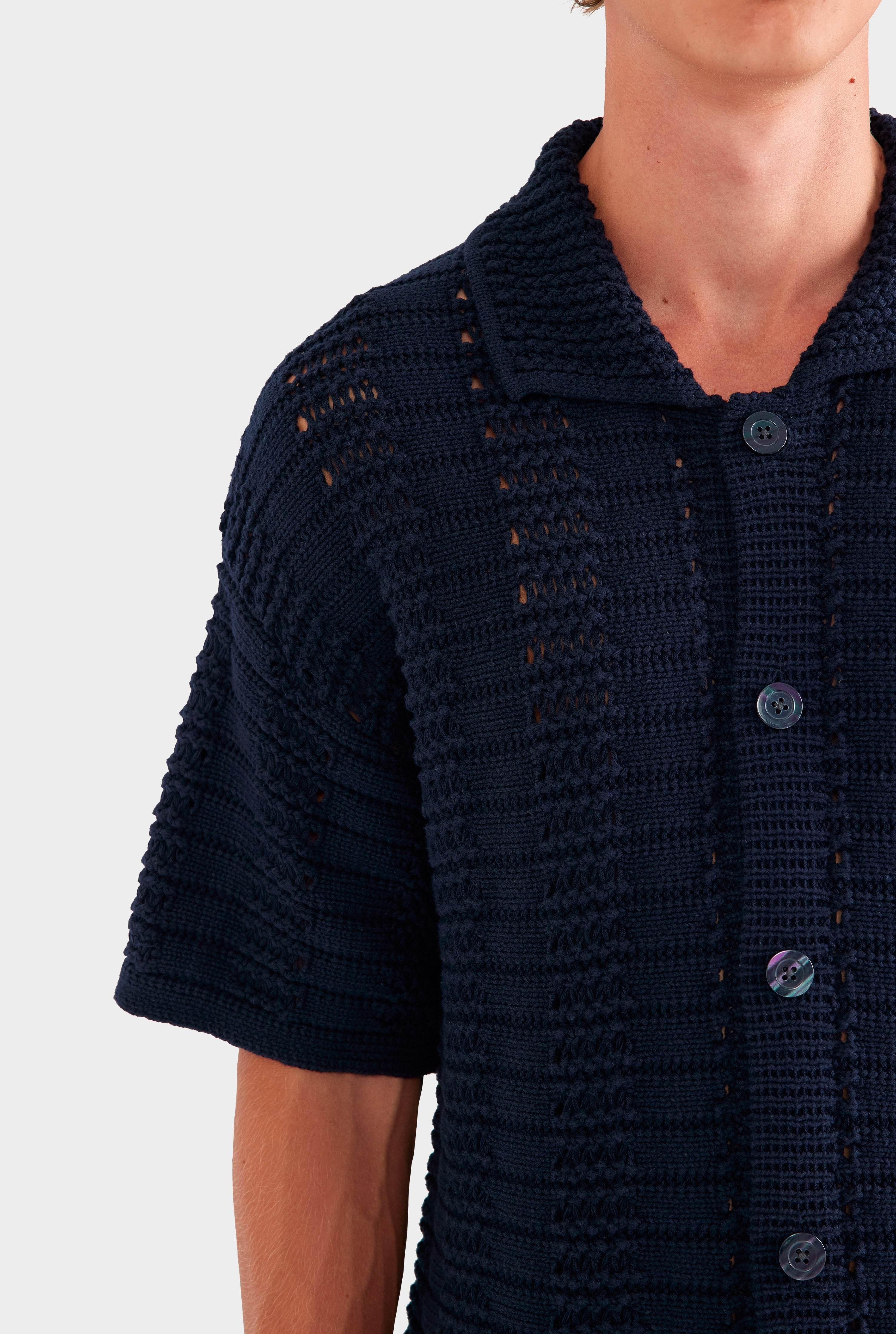 Chunky Crochet Knit Shirt - Navy