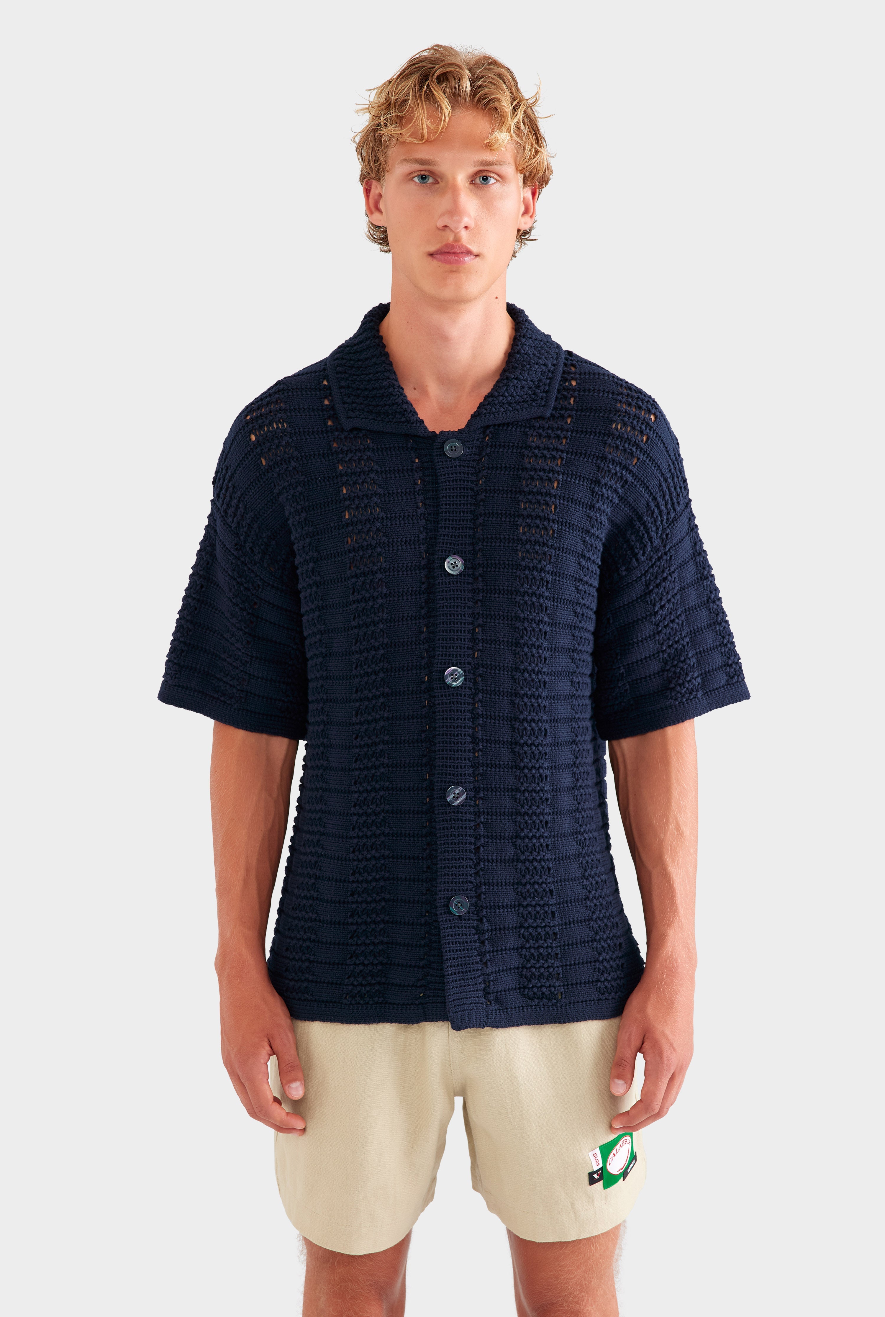 Chunky Crochet Knit Shirt - Navy