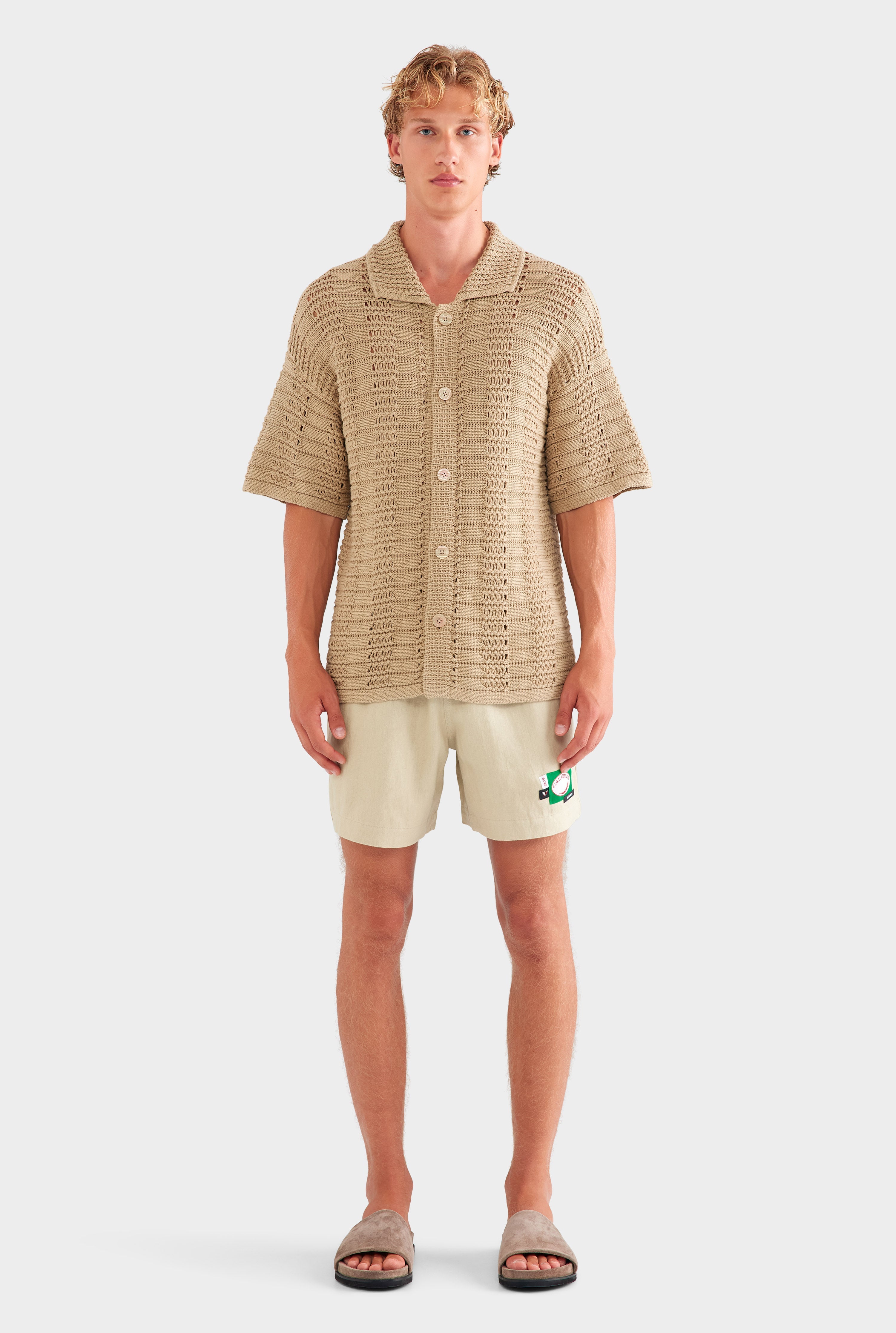 Chunky Crochet Knit Shirt - Pale Khaki