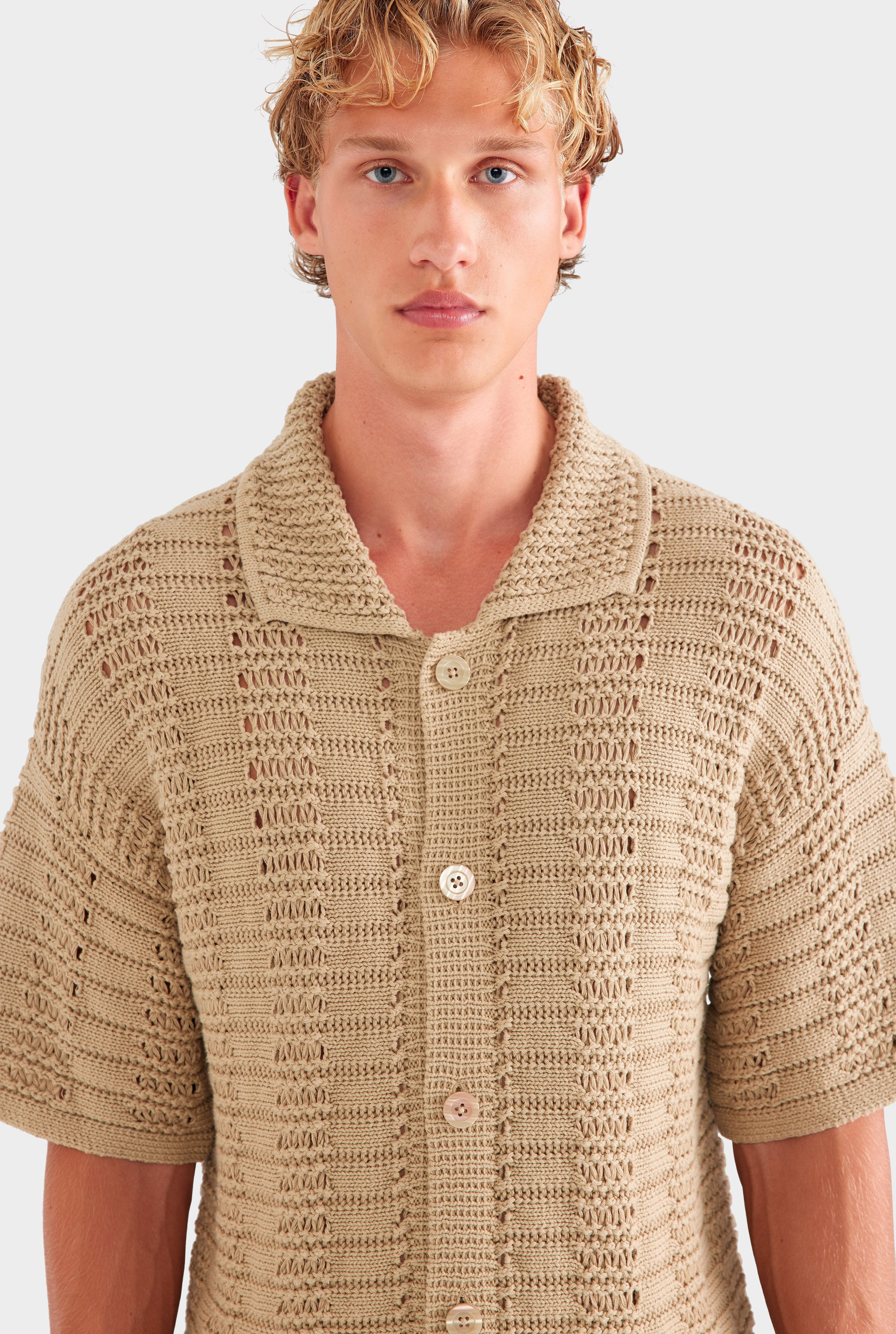 Chunky Crochet Knit Shirt - Pale Khaki