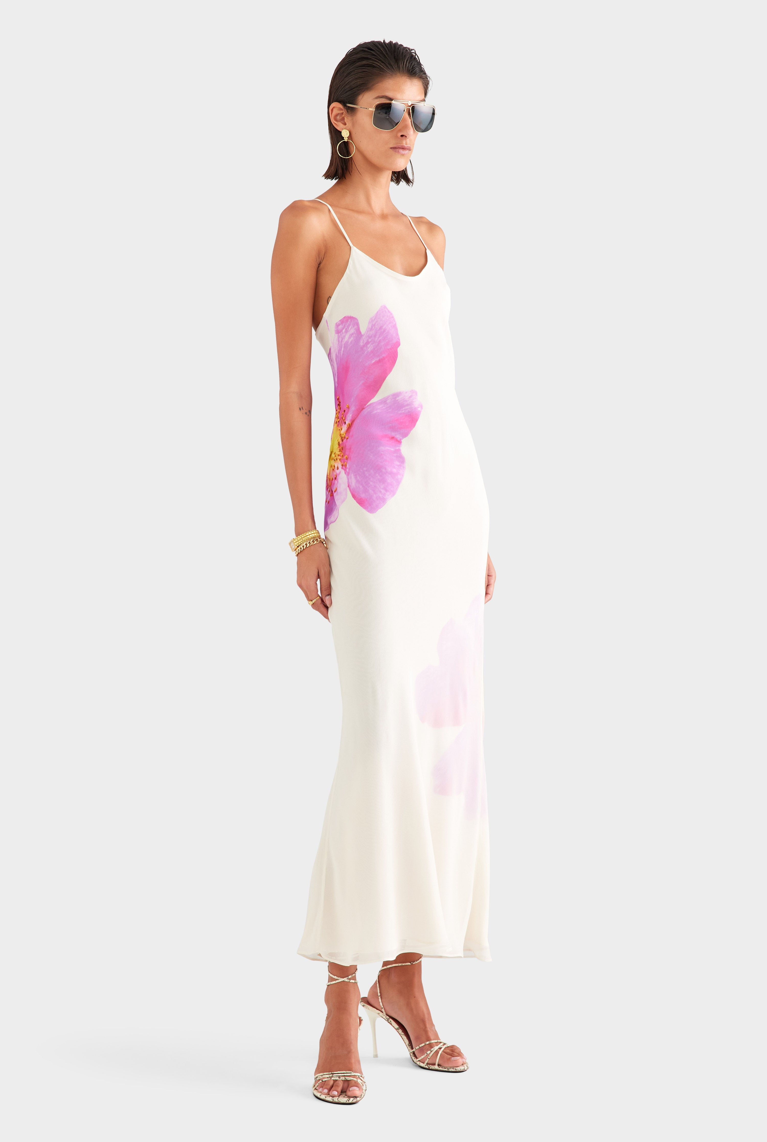 Layered Silk Slip Maxi Dress - Cream/Fuchsia Flower