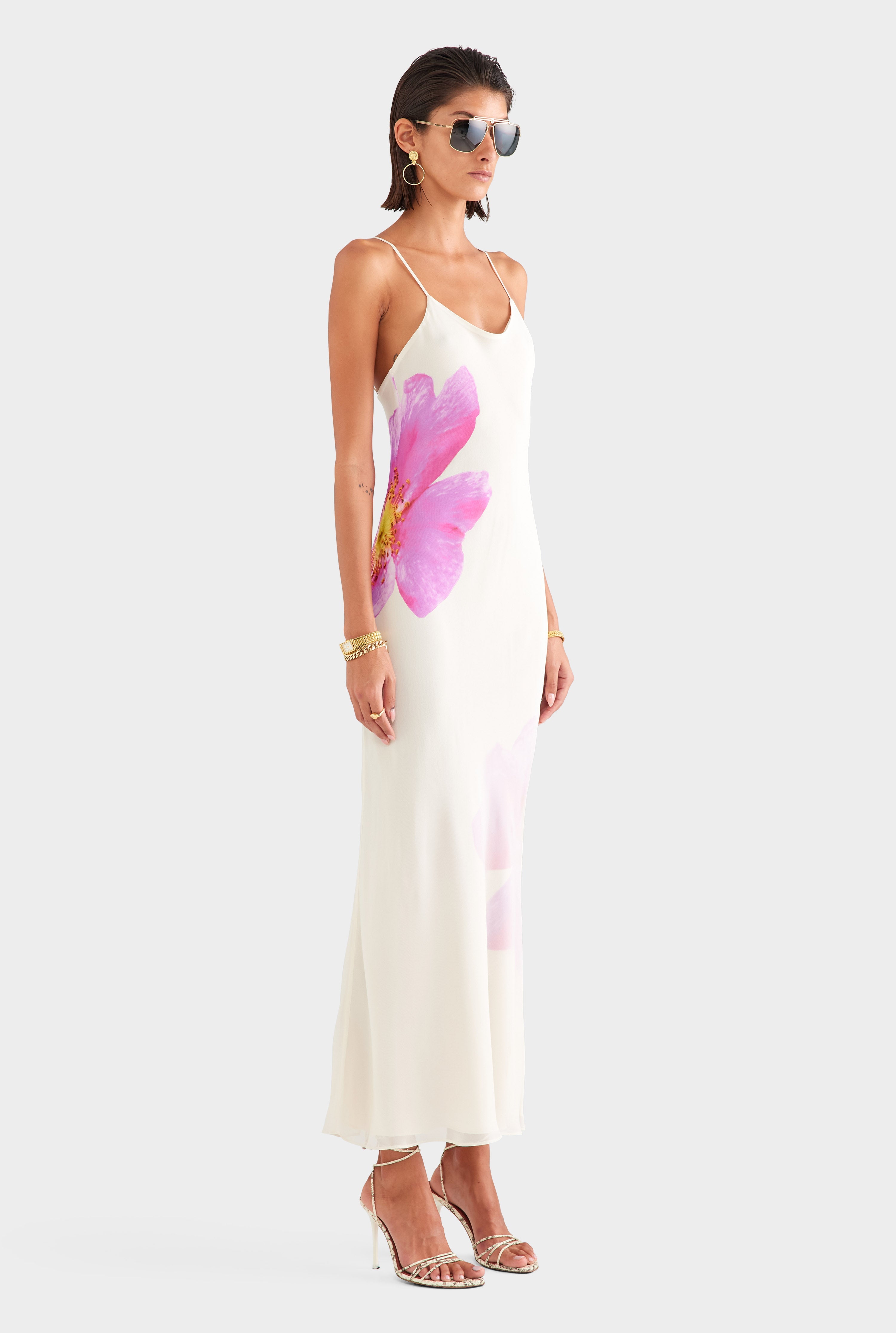 Layered Silk Slip Maxi Dress - Cream/Fuchsia Flower