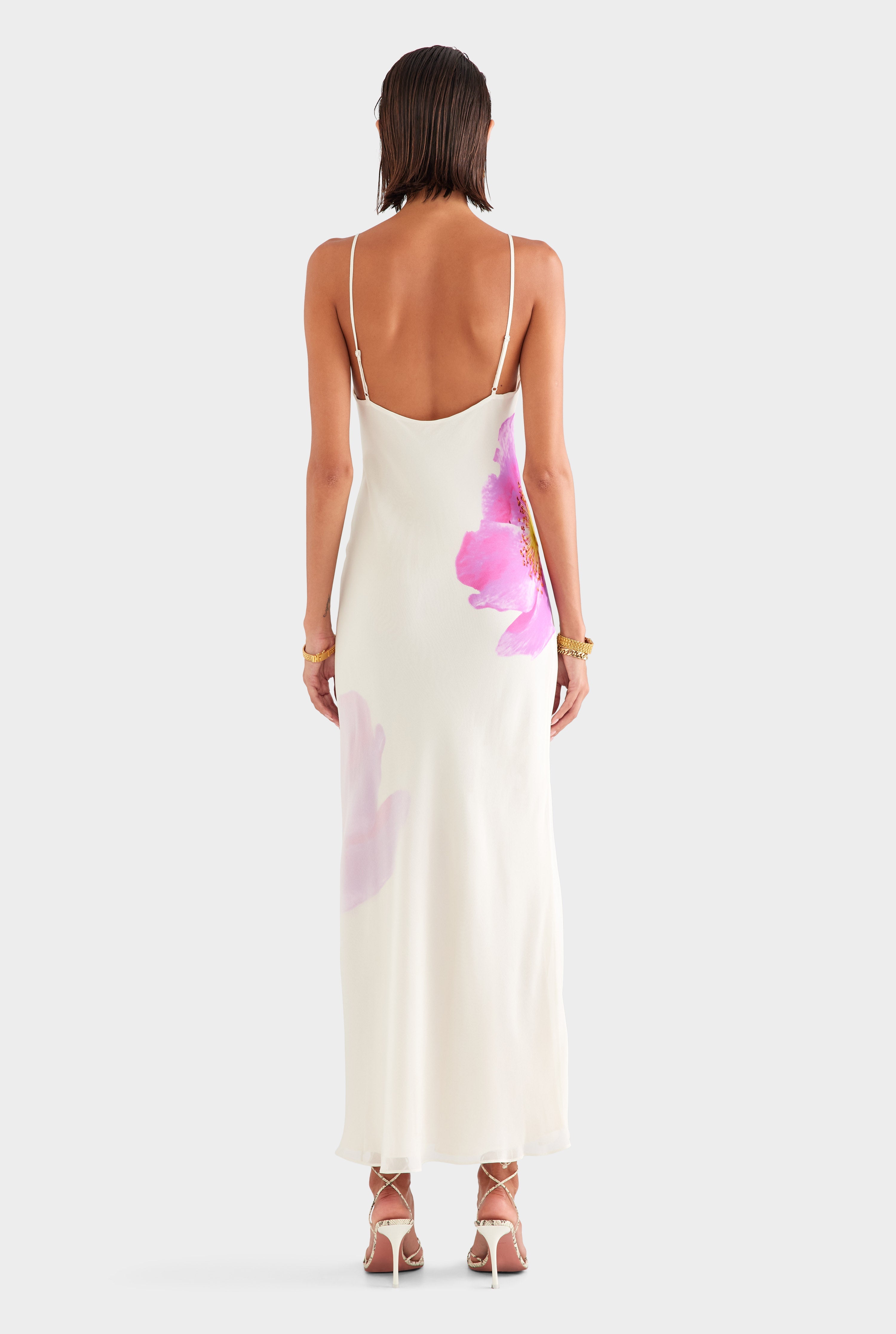 Layered Silk Slip Maxi Dress - Cream/Fuchsia Flower