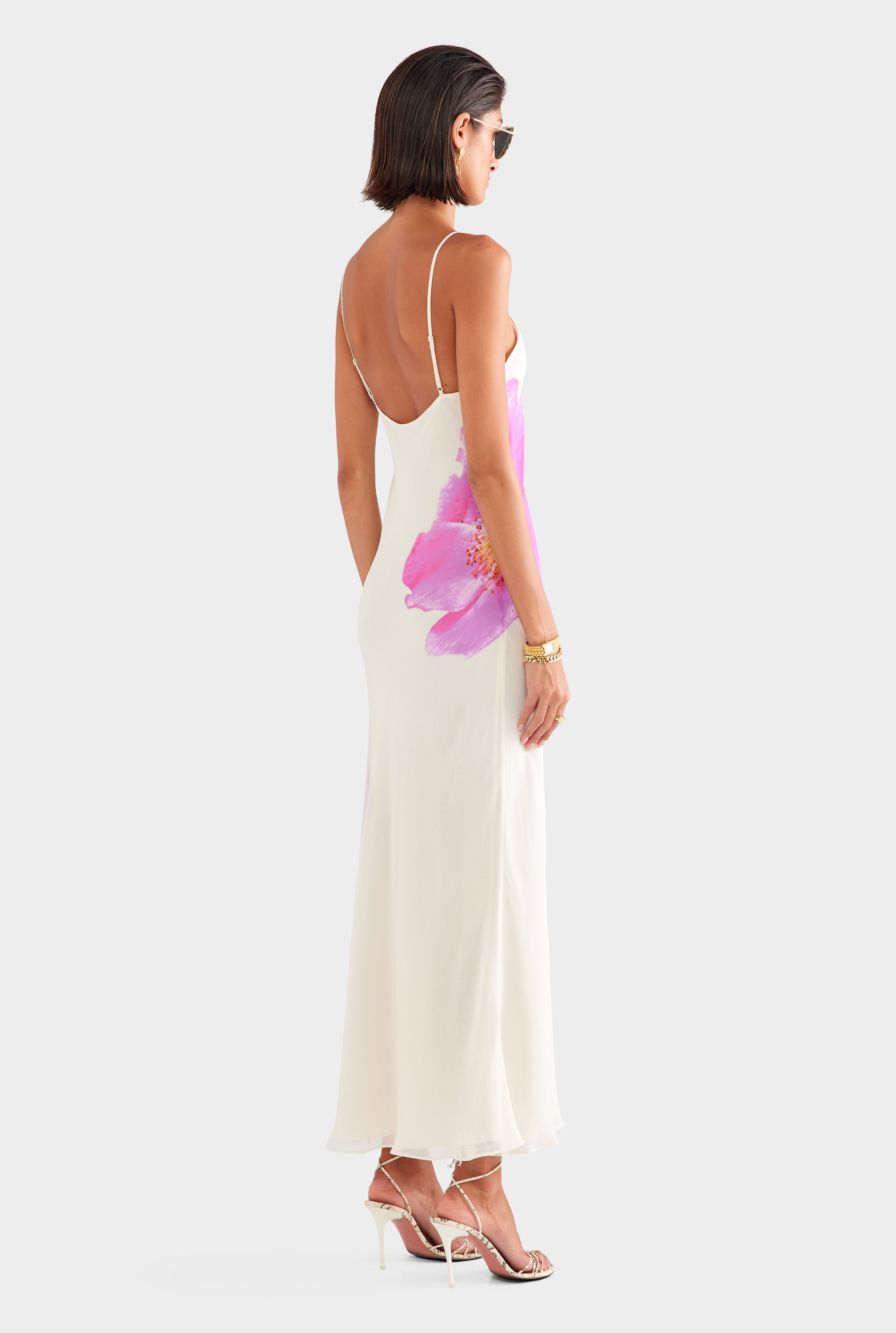 Layered Silk Slip Maxi Dress - Cream/Fuchsia Flower