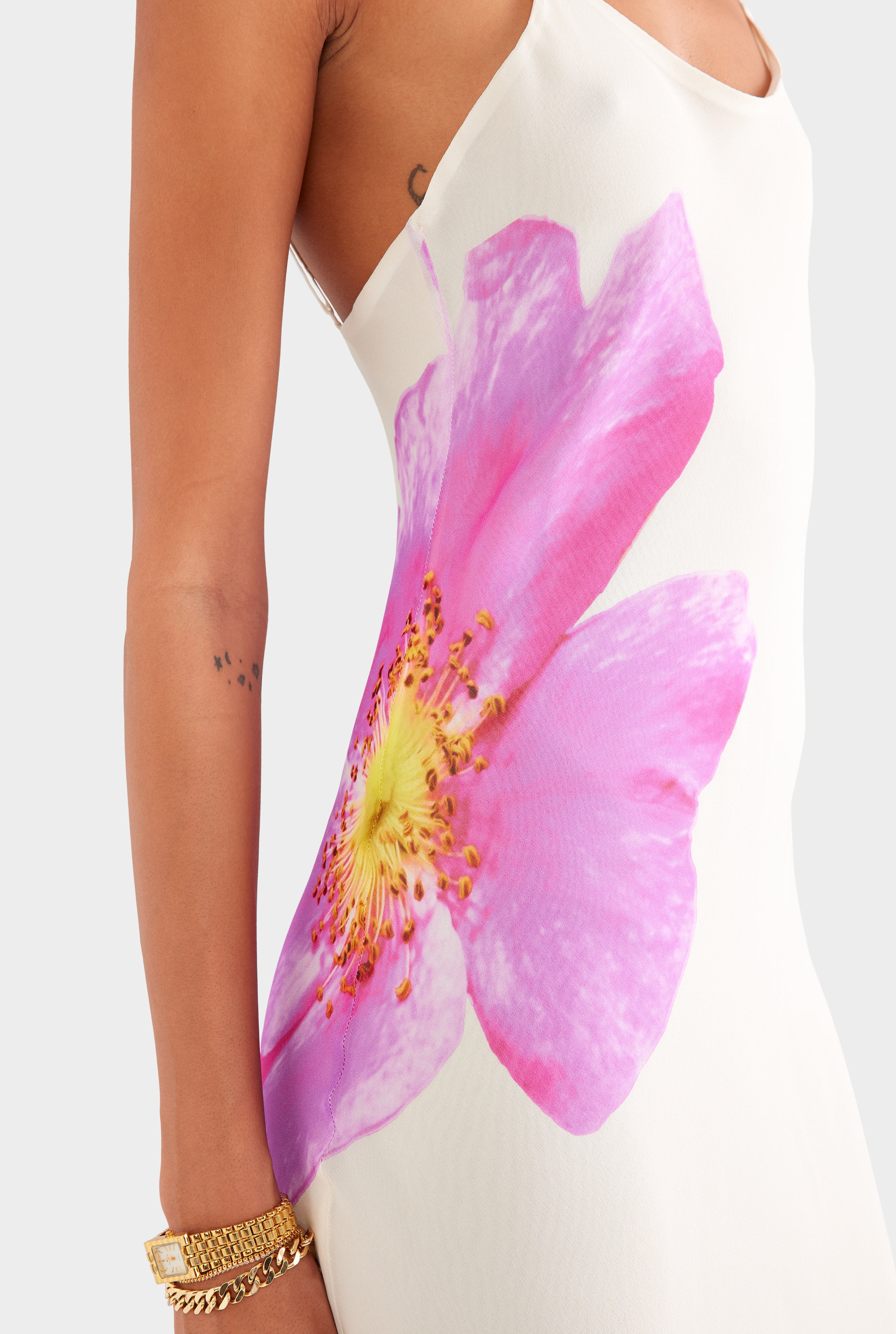 Layered Silk Slip Maxi Dress - Cream/Fuchsia Flower