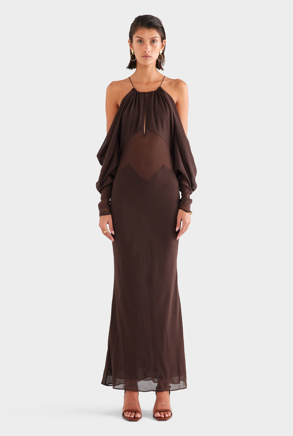 Silk Off Shoulder Column Maxi Dress | Size: S | Color: Dark Chocolate Silk Off Shoulder Column Maxi Dress | Size: S | Color: Dark Chocolate