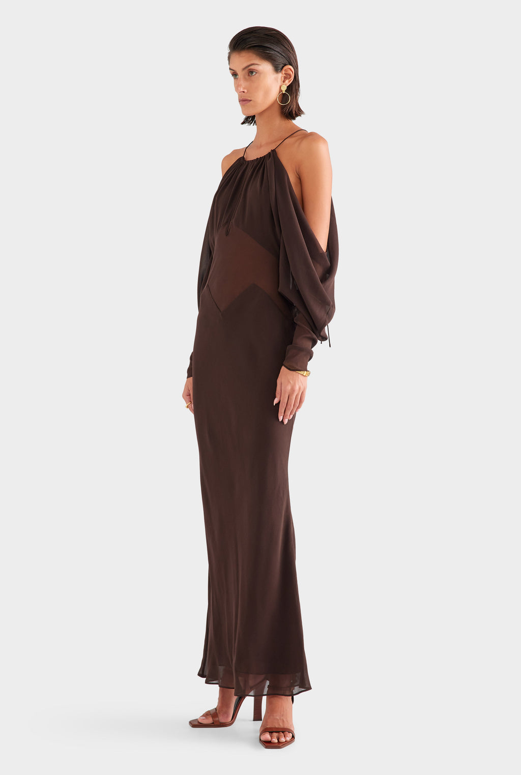 brown silk dress shirt Womens Silk Off Shoulder Column Maxi Dress Dark Chocolate