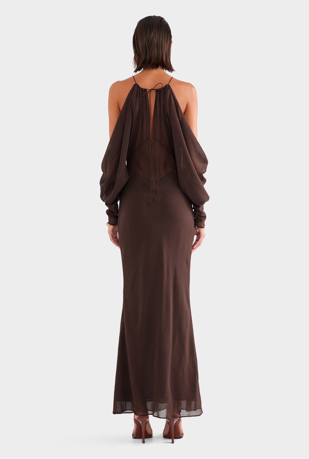 Womens Silk Off Shoulder Column Maxi Dress Dark Chocolate