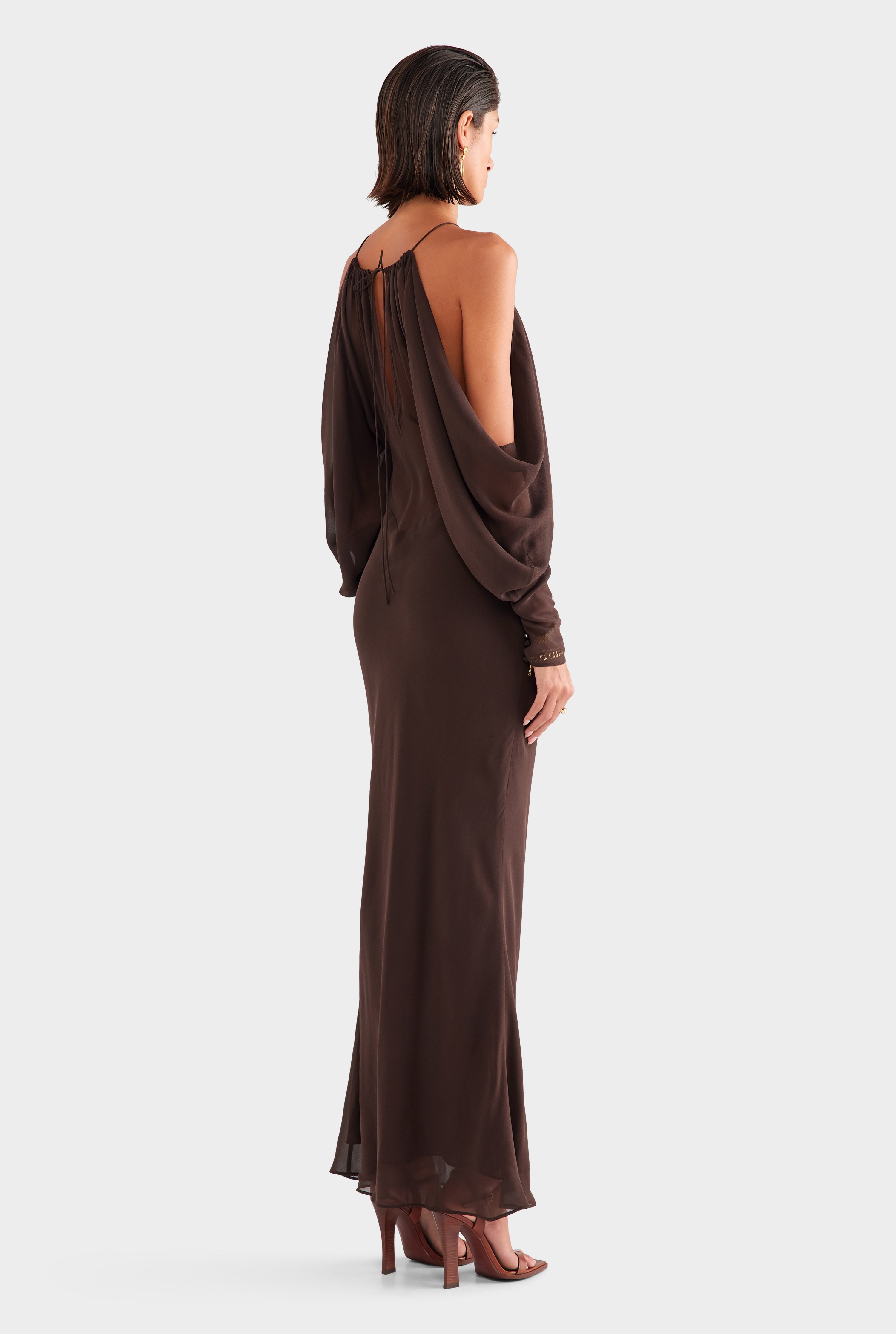 Silk Off Shoulder Column Maxi Dress - Dark Chocolate