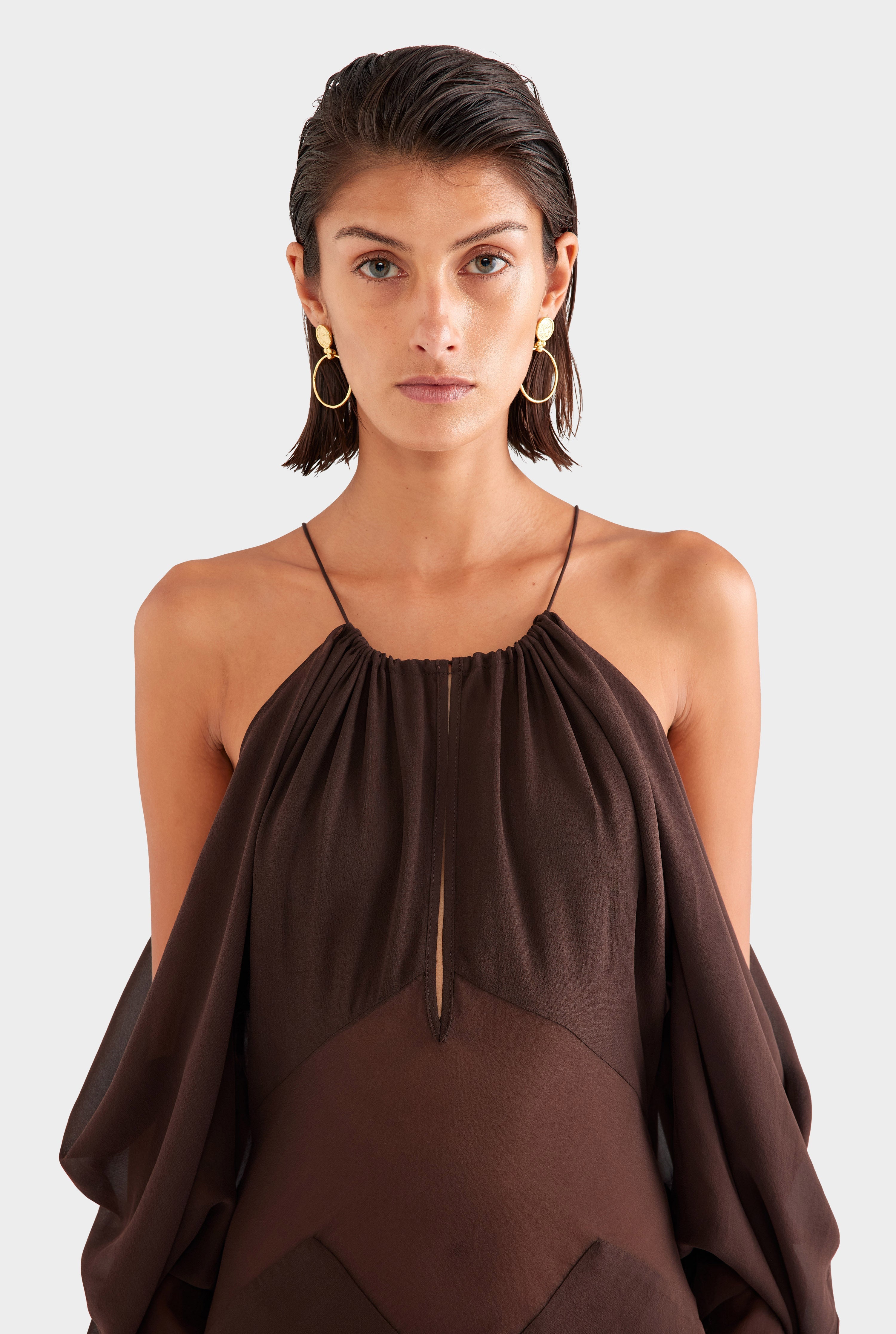 Silk Off Shoulder Column Maxi Dress - Dark Chocolate