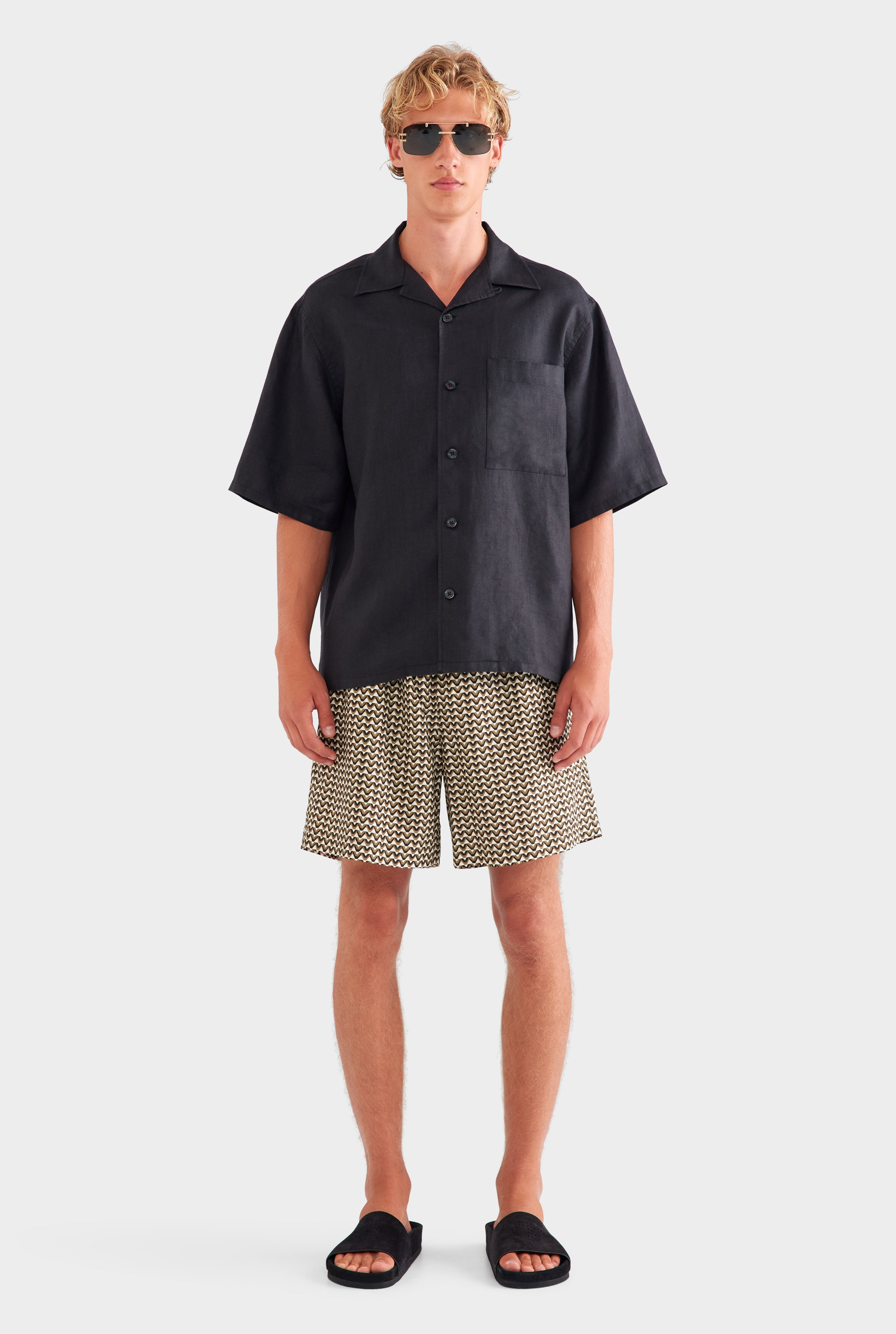 Oversized Linen Short Sleeve Shirt - Black