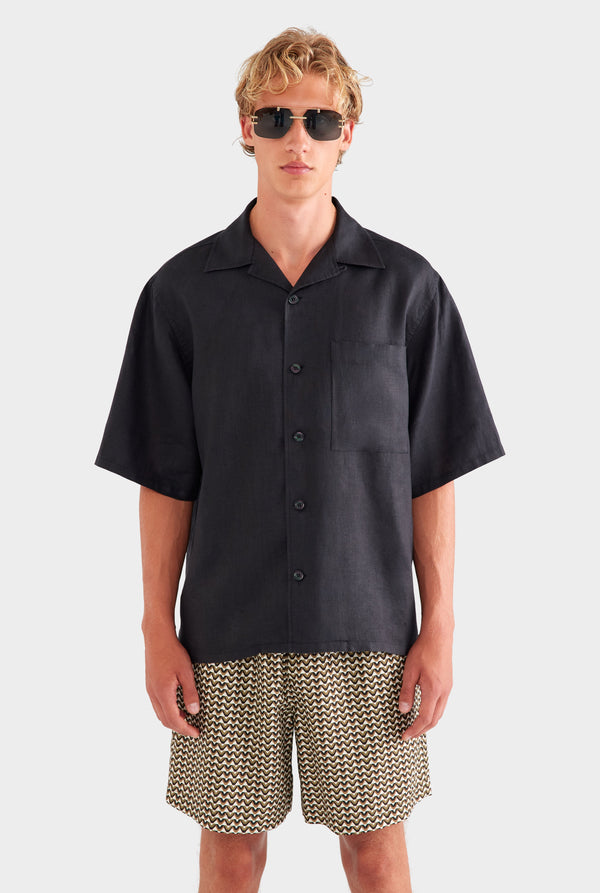 Oversized Linen Short Sleeve Shirt - Black