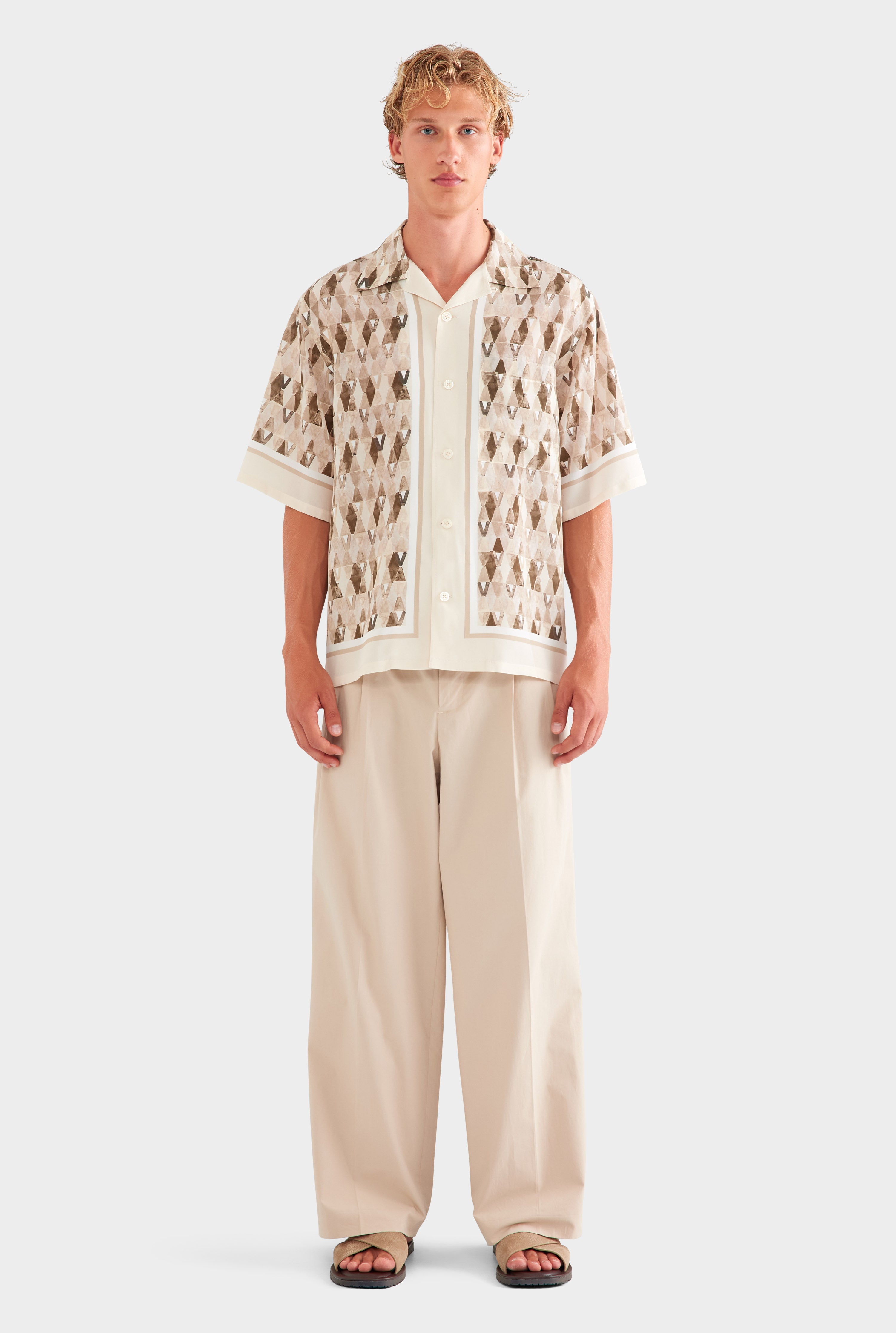 Oversized Silk Short Sleeve Shirt - Beige Painted V Monogram