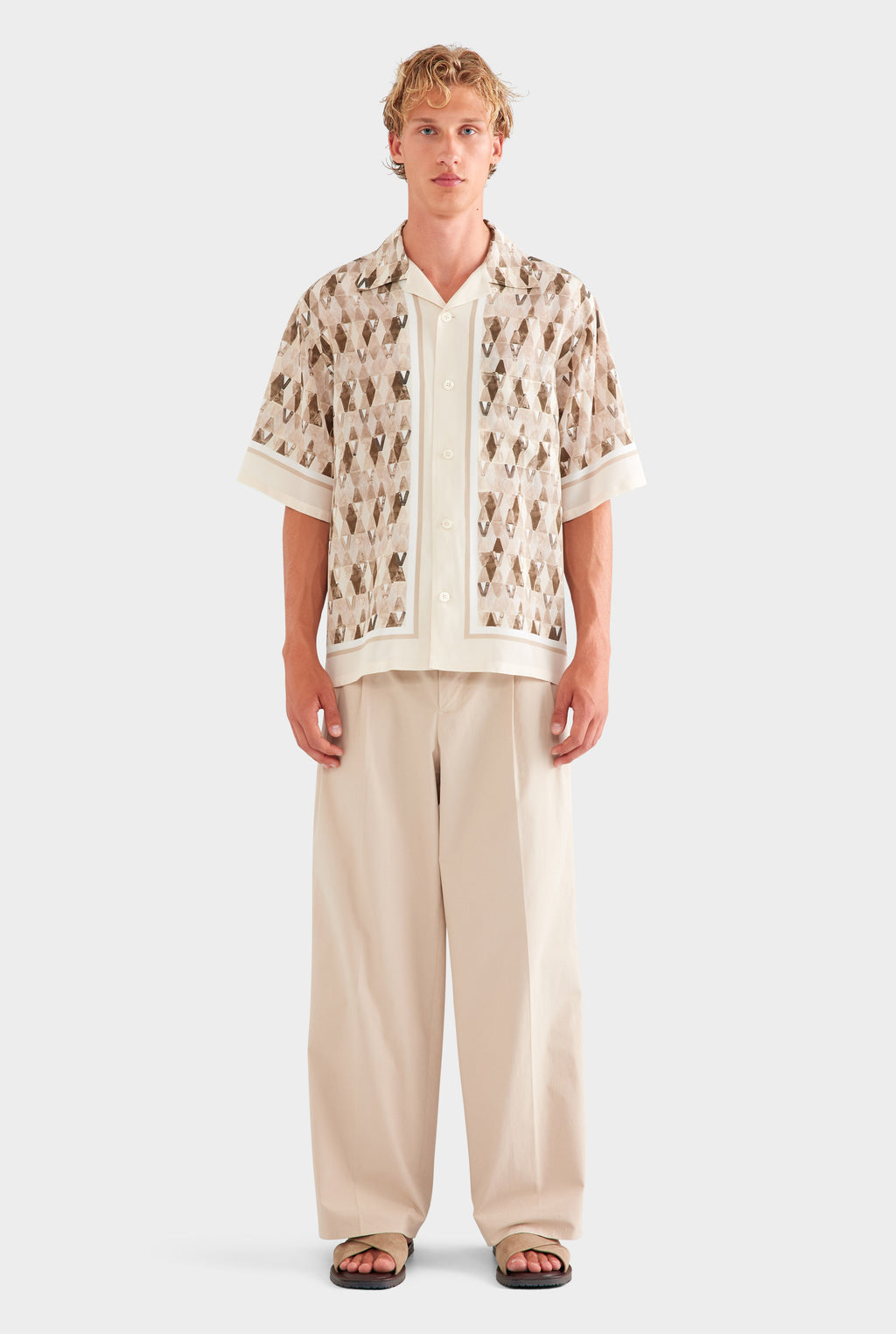 Oversized Silk Short Sleeve Shirt - Beige Painted V Monogram