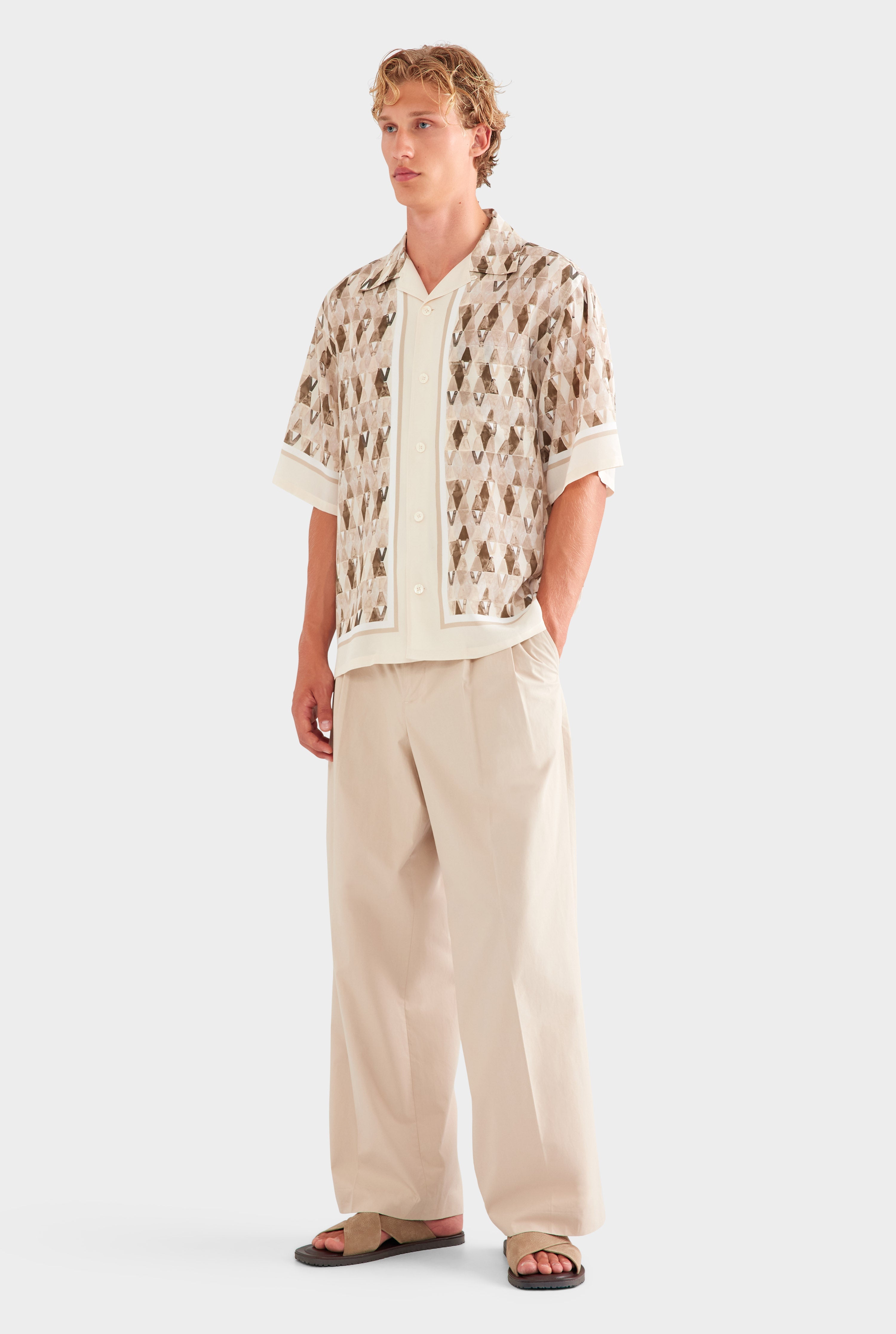 Oversized Silk Short Sleeve Shirt - Beige Painted V Monogram