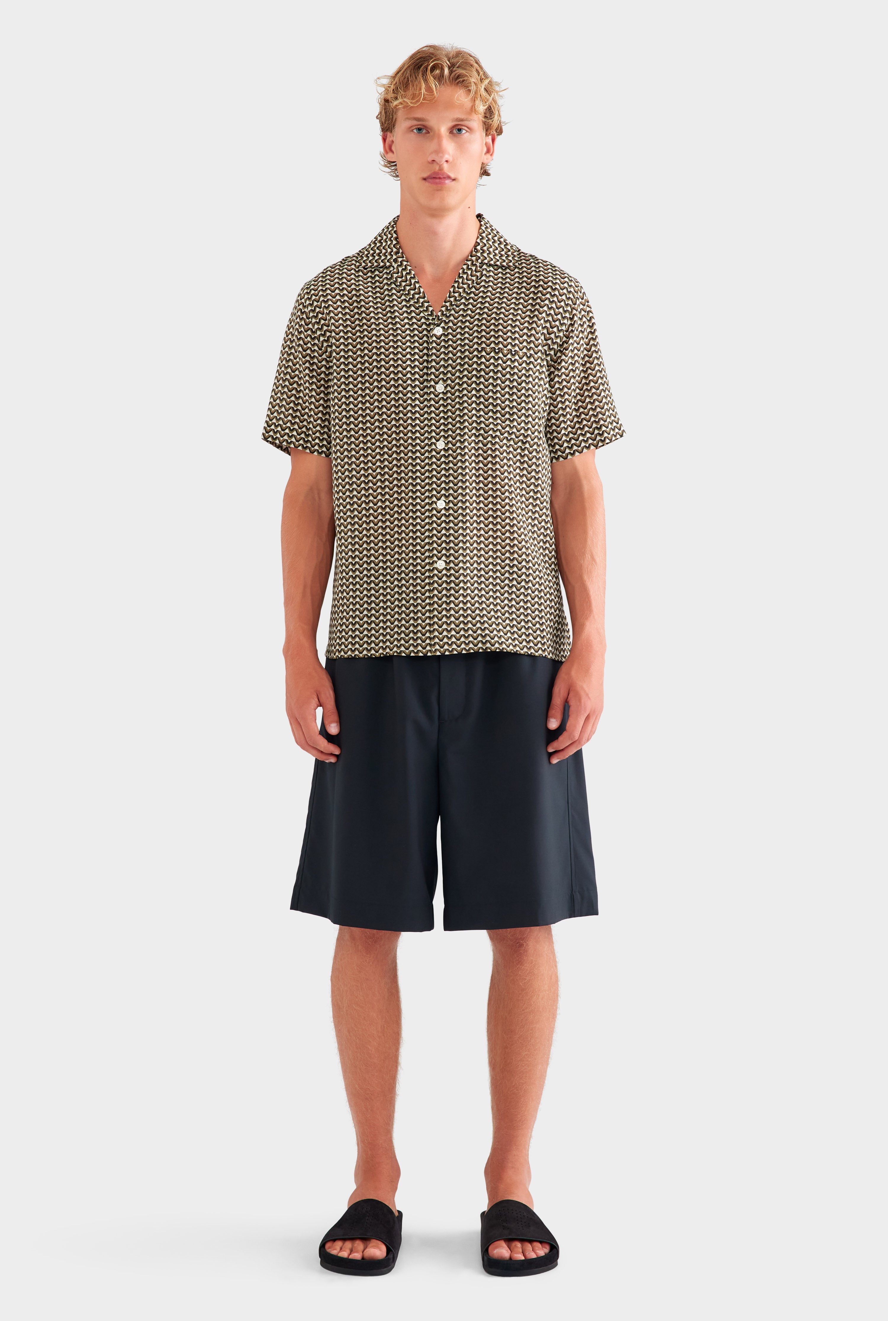 SS Silk Camp Collar Shirt - Cream/Black/Olive V Monogram