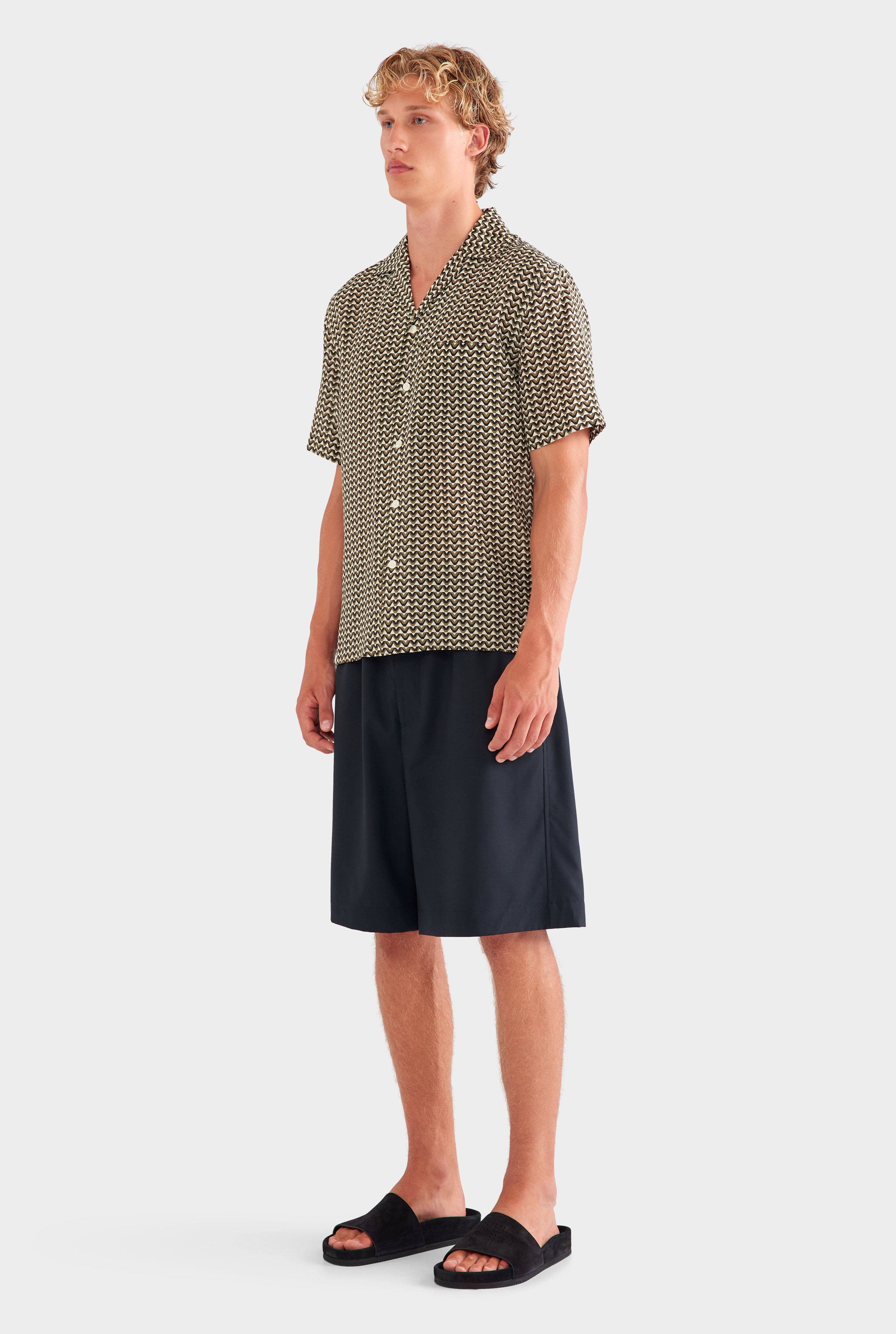 SS Silk Camp Collar Shirt - Cream/Black/Olive V Monogram