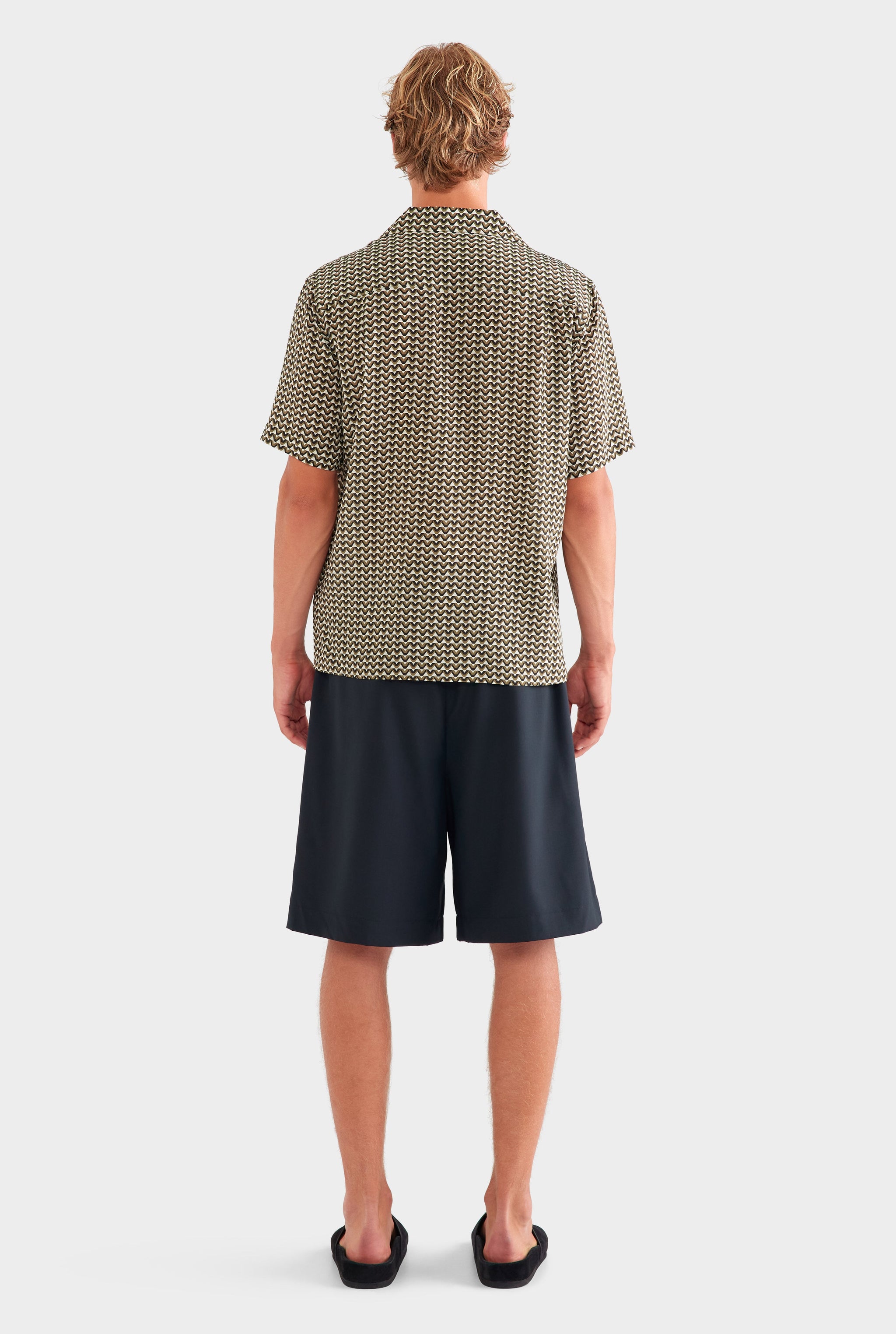 Short Sleeve Silk Camp Collar Shirt - Cream/Black/Olive V Monogram