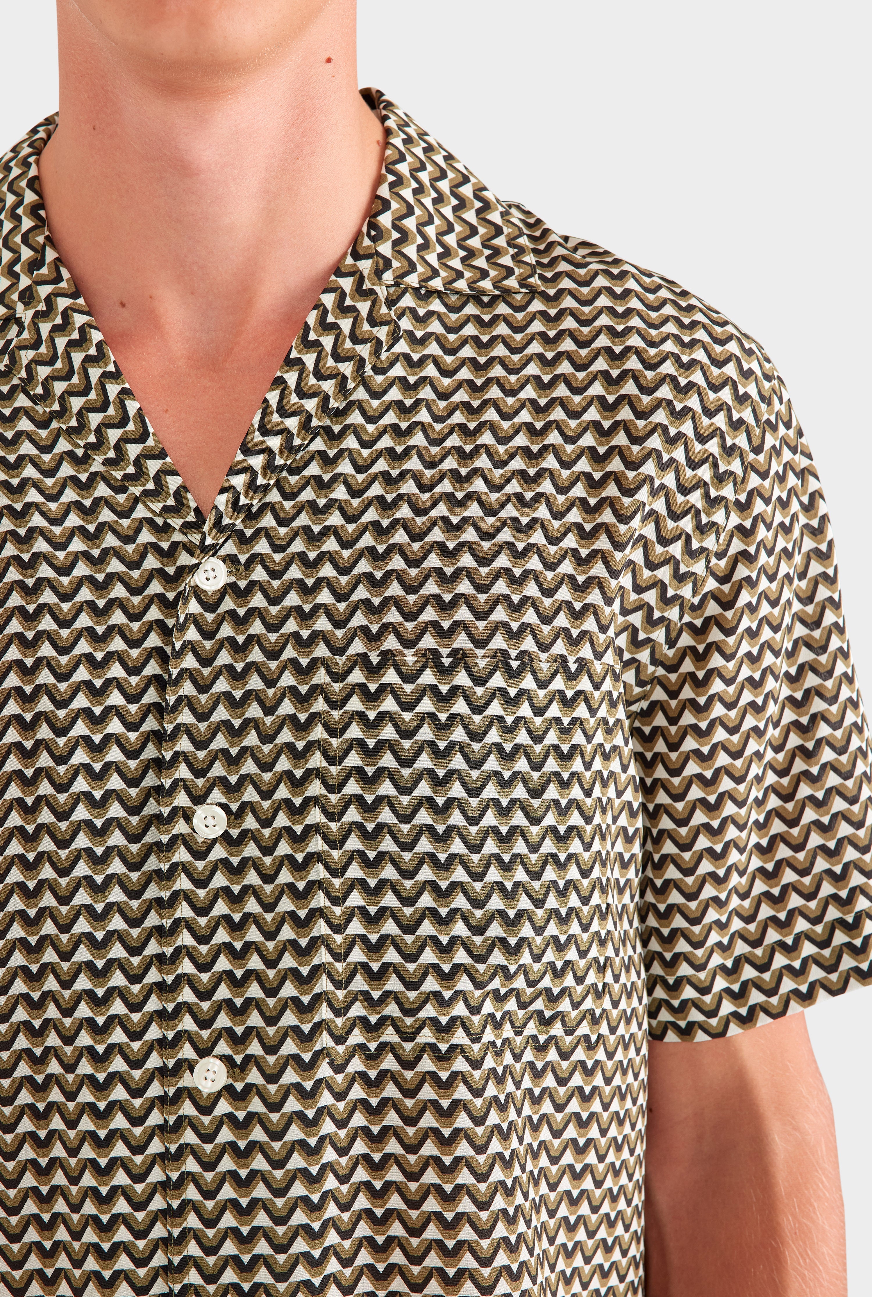 SS Silk Camp Collar Shirt - Cream/Black/Olive V Monogram