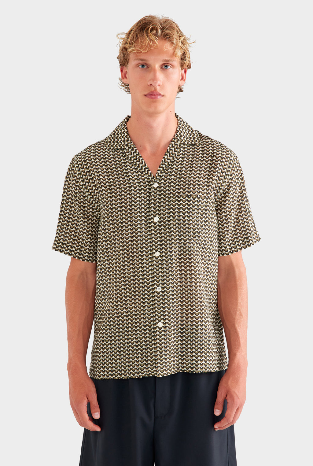 SS Silk Camp Collar Shirt - Cream/Black/Olive V Monogram