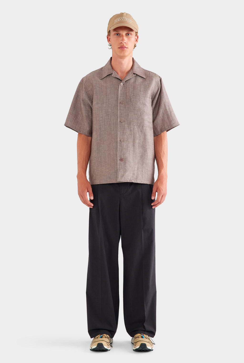 Oversized Wool Linen Short Sleeve Shirt - Brown