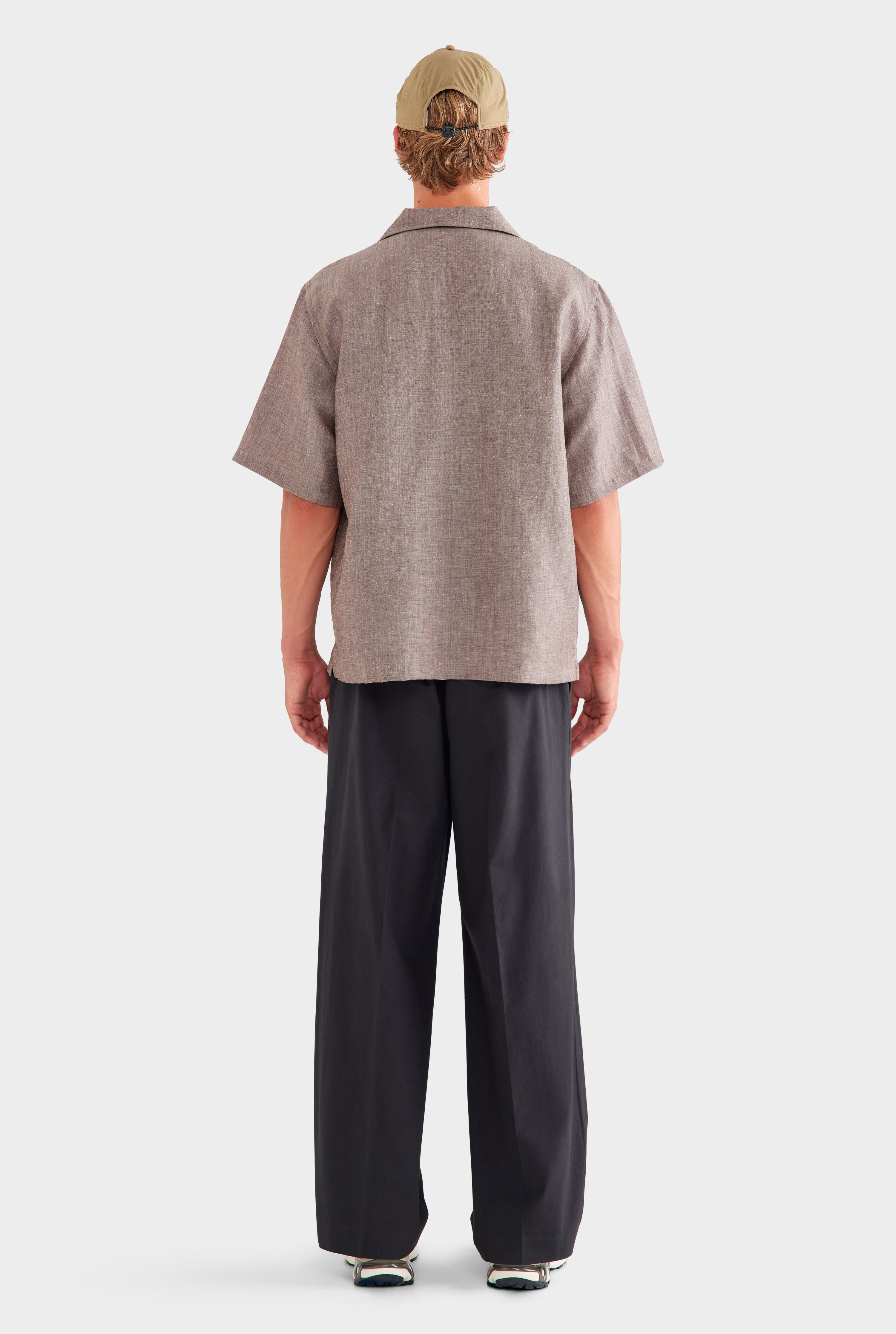 Oversized Wool Linen Short Sleeve Shirt - Brown