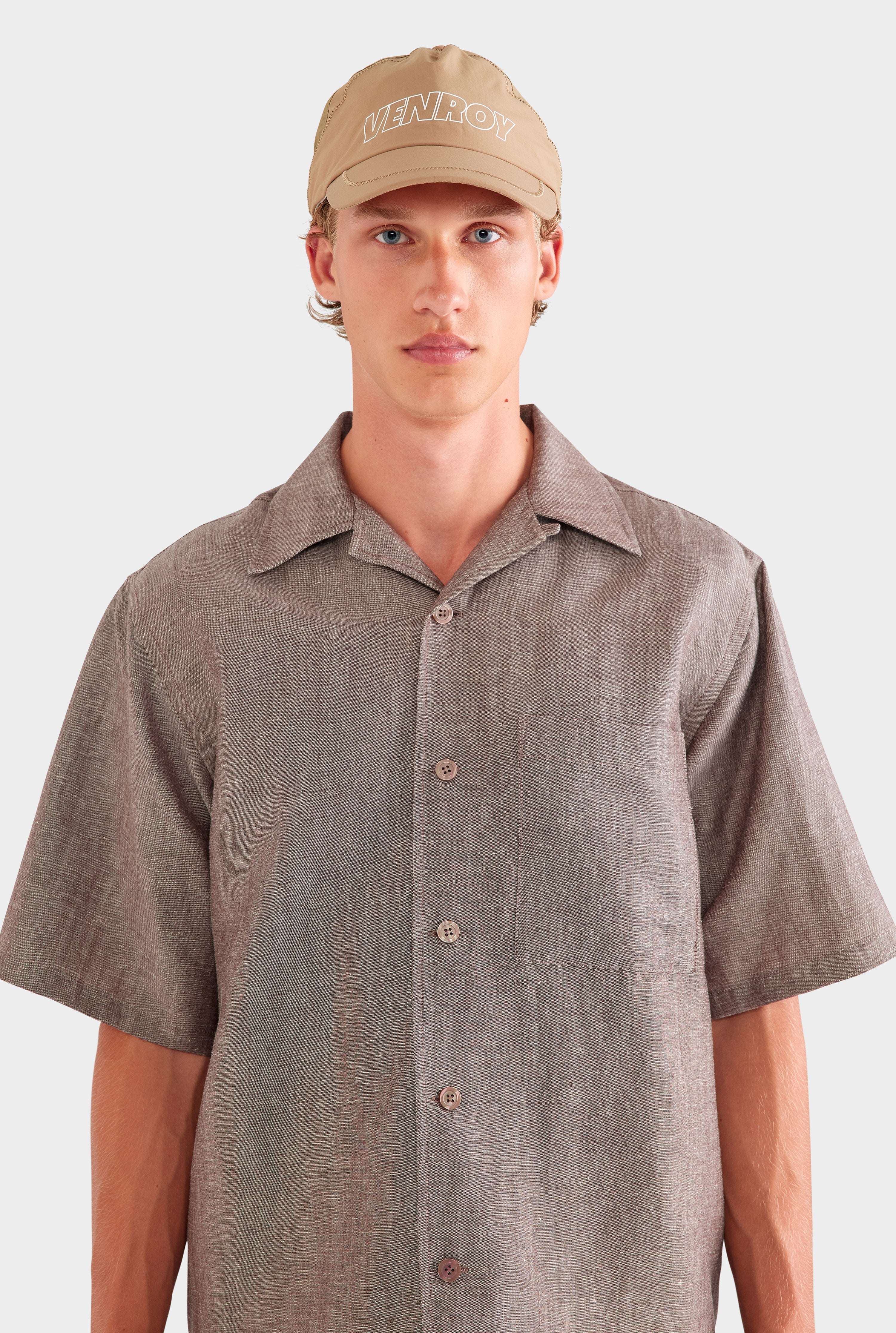 Oversized Wool Linen Short Sleeve Shirt - Brown