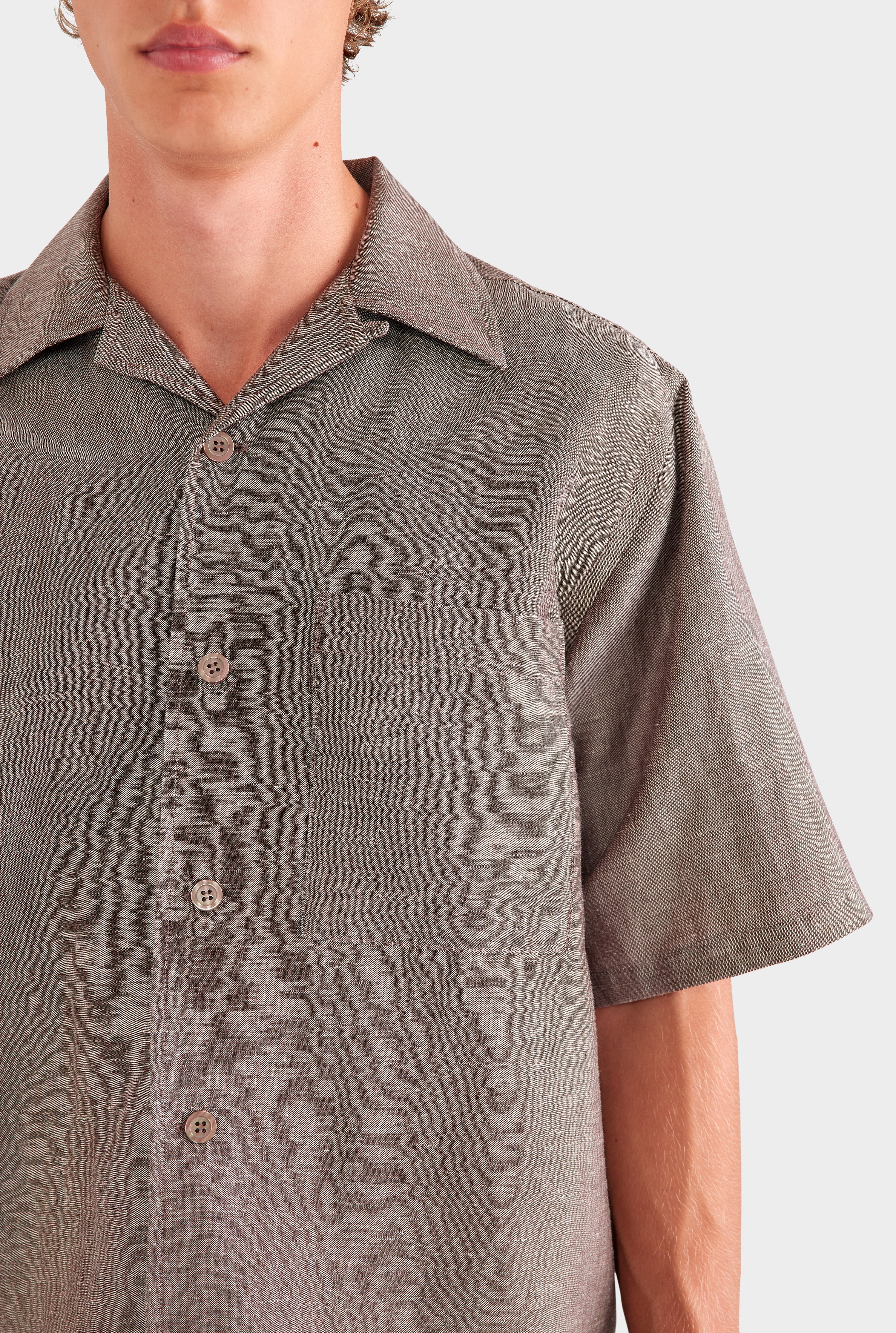 Oversized Wool Linen Short Sleeve Shirt - Brown